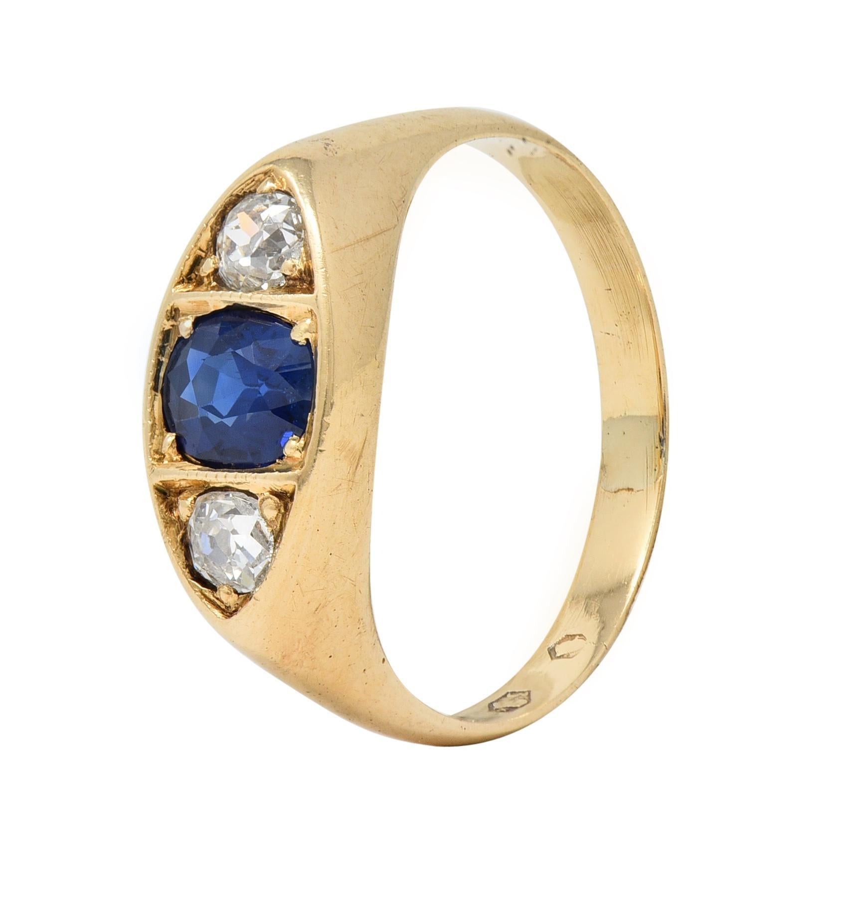 Vintage 1960s 1.09 CTW Sapphire Diamond 14 Karat Gold Marquise Three Stone Ring For Sale 2