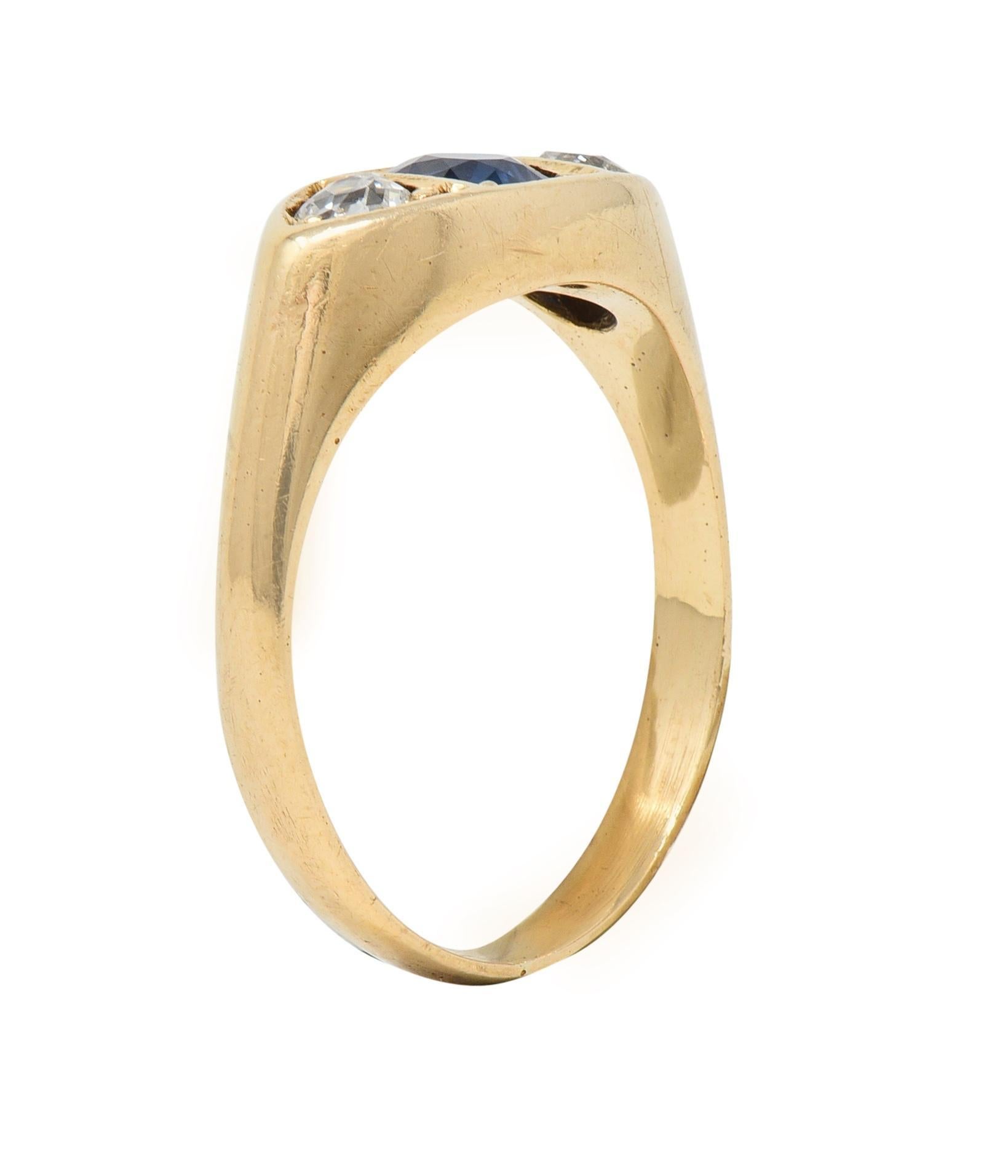 Vintage 1960s 1.09 CTW Sapphire Diamond 14 Karat Gold Marquise Three Stone Ring For Sale 3