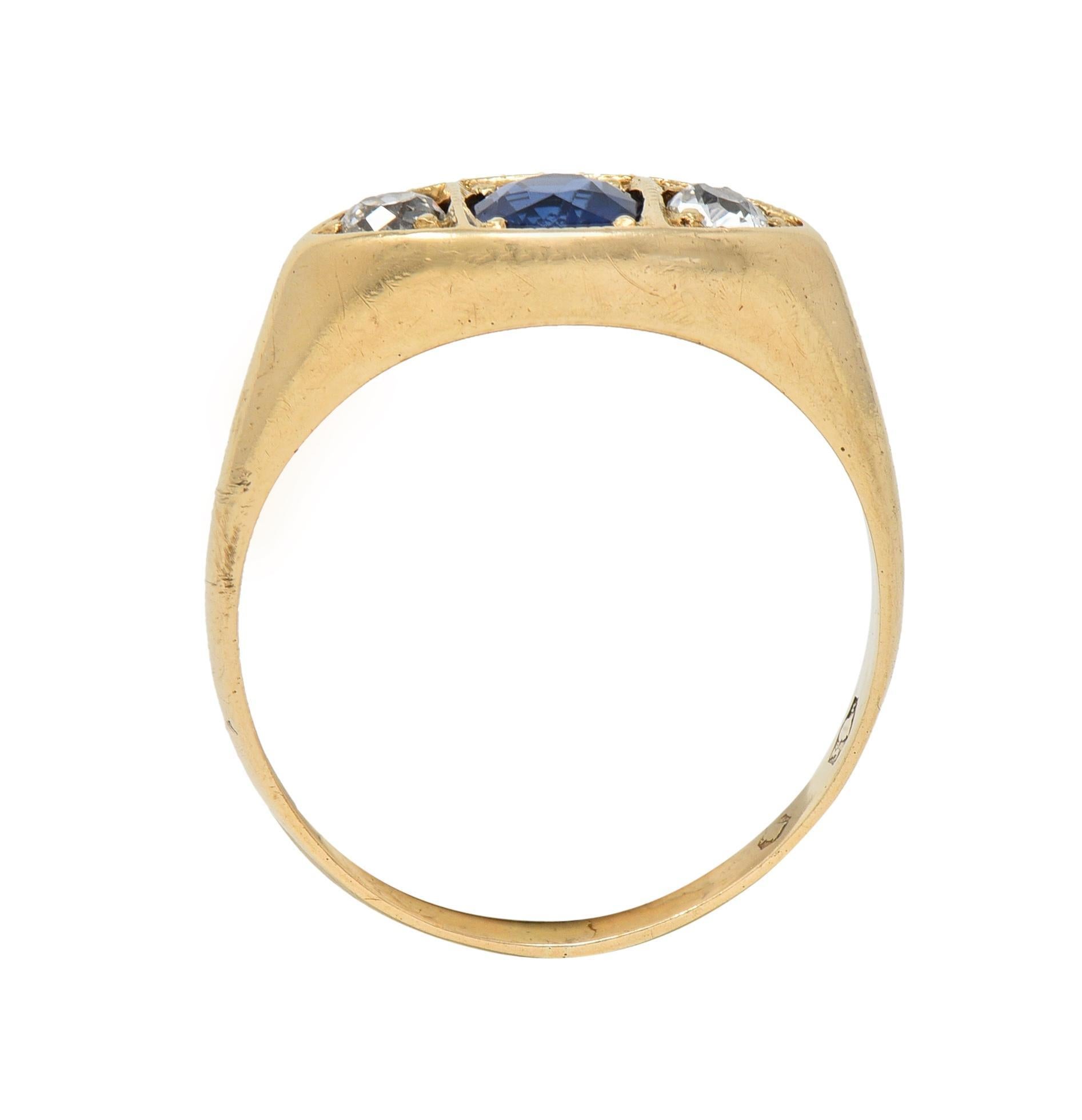 Vintage 1960s 1.09 CTW Sapphire Diamond 14 Karat Gold Marquise Three Stone Ring For Sale 4