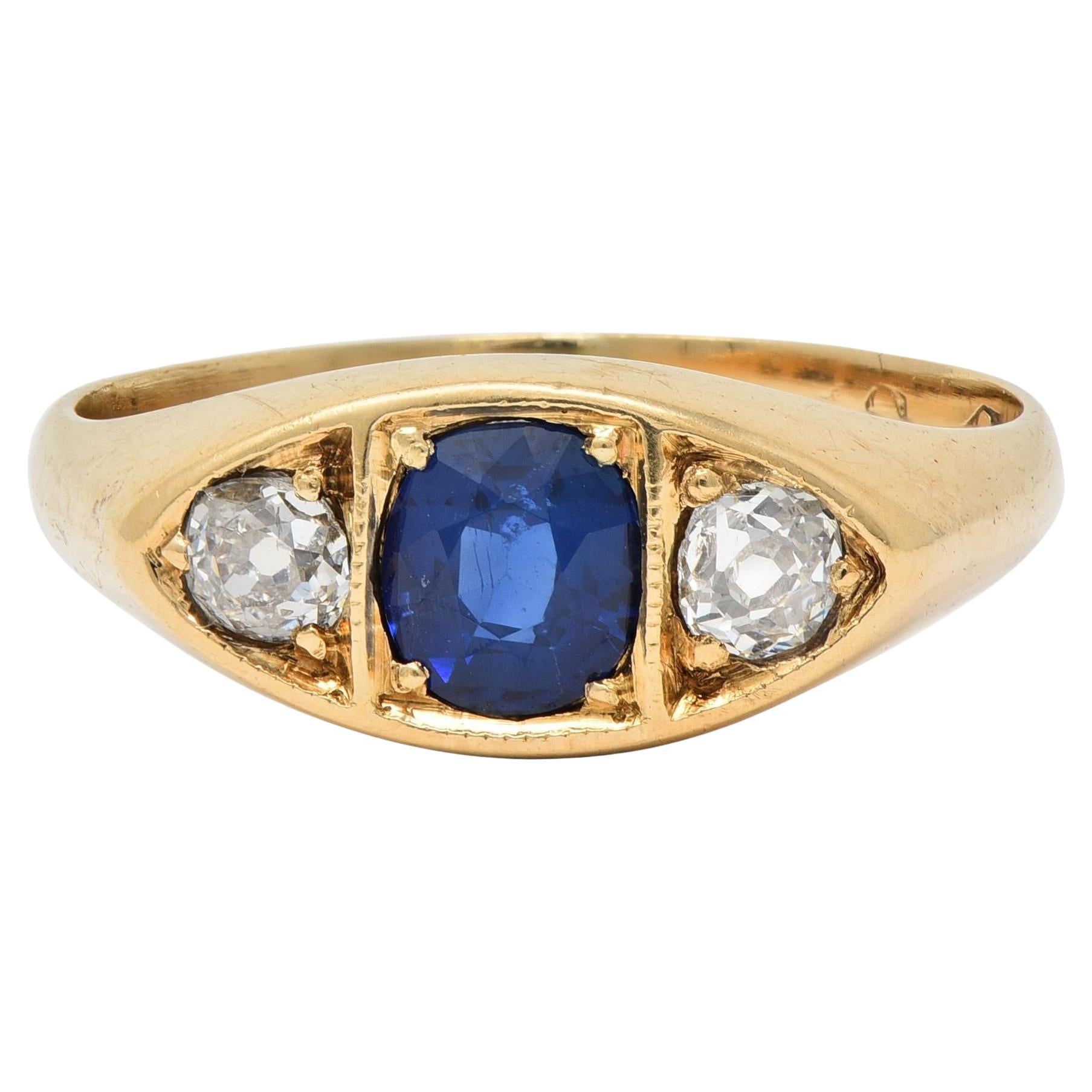Vintage 1960s 1.09 CTW Sapphire Diamond 14 Karat Gold Marquise Three Stone Ring For Sale