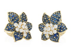 Vintage 1960s 12.00 Carat Sapphire and 2.50 Carat Diamond Flower Earrings