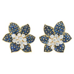 Vintage 1960s 12.00 Carat Sapphire and 2.50 Carat Diamond Flower Earrings