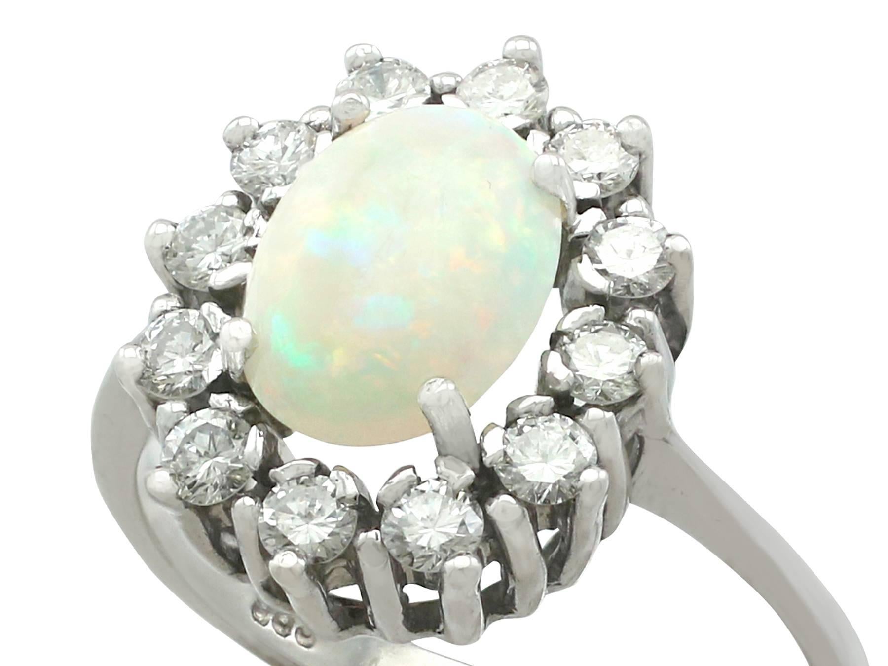 Oval Cut Vintage 1960s 1.26 Carat Opal and Diamond White Gold Cluster Ring