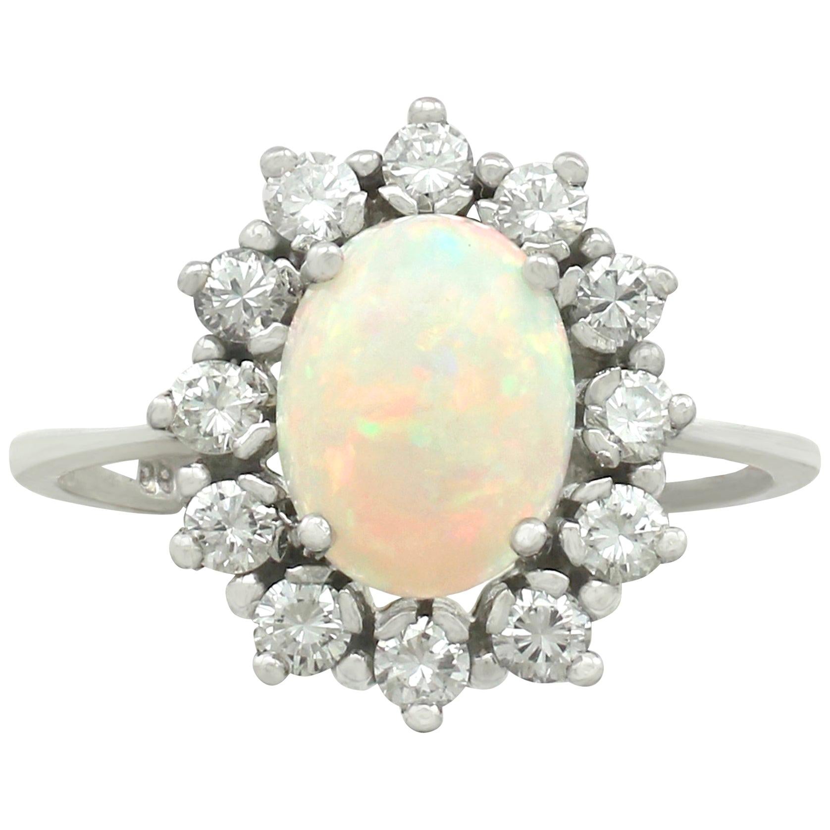 Vintage 1960s 1.26 Carat Opal and Diamond White Gold Cluster Ring