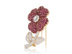 Vintage 1960s 12.80 Carat Ruby Flower Brooch with Diamonds