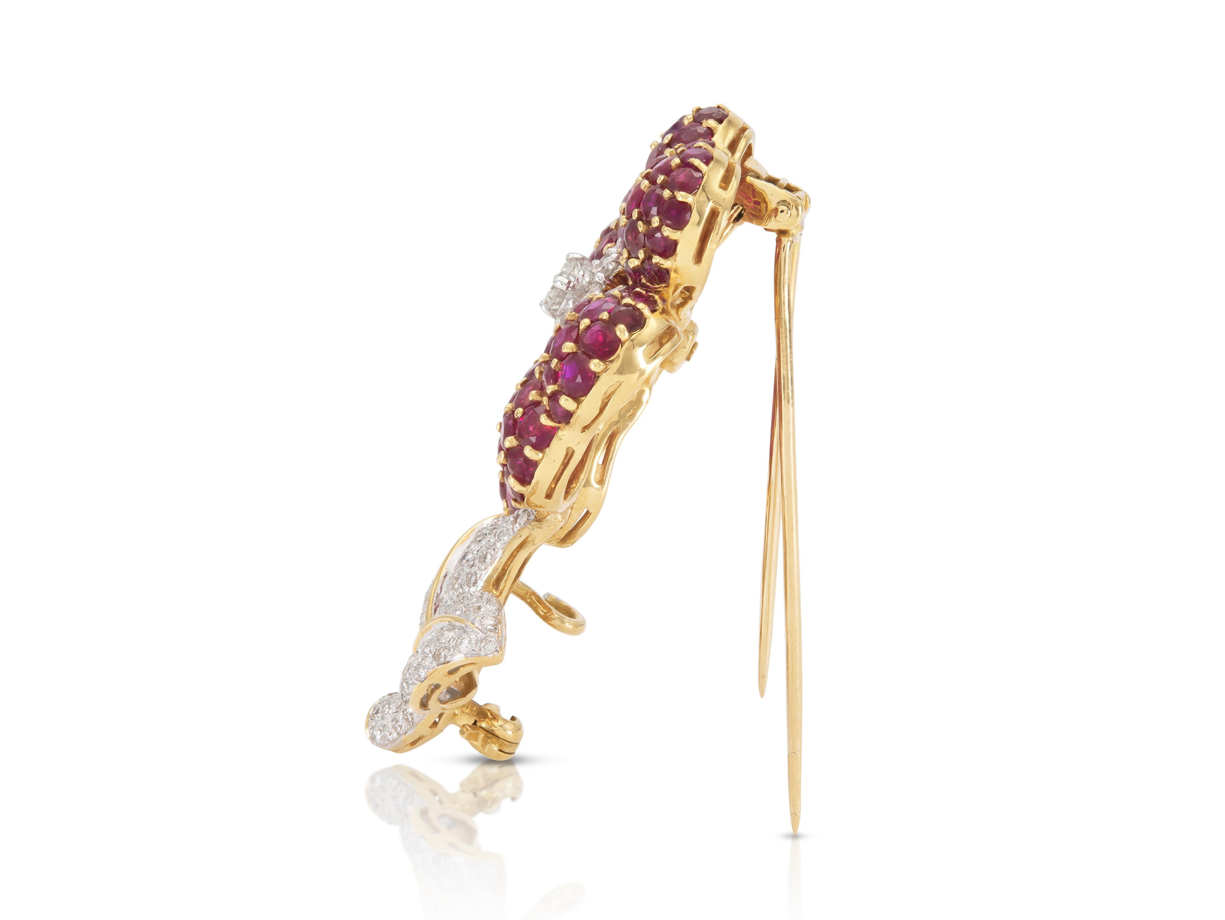 Round Cut Vintage 1960s 12.80 Carat Ruby Flower Brooch with Diamonds For Sale