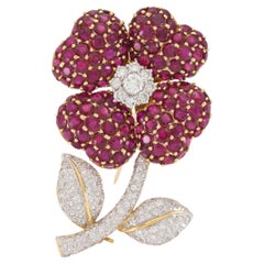 Vintage 1960s 12.80 Carat Ruby Flower Brooch with Diamonds