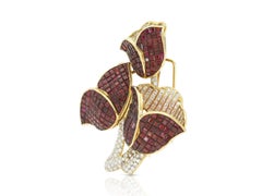 Vintage 1960s 13.00 Carat Ruby and 10.00 Carat Diamond Tulips Brooch