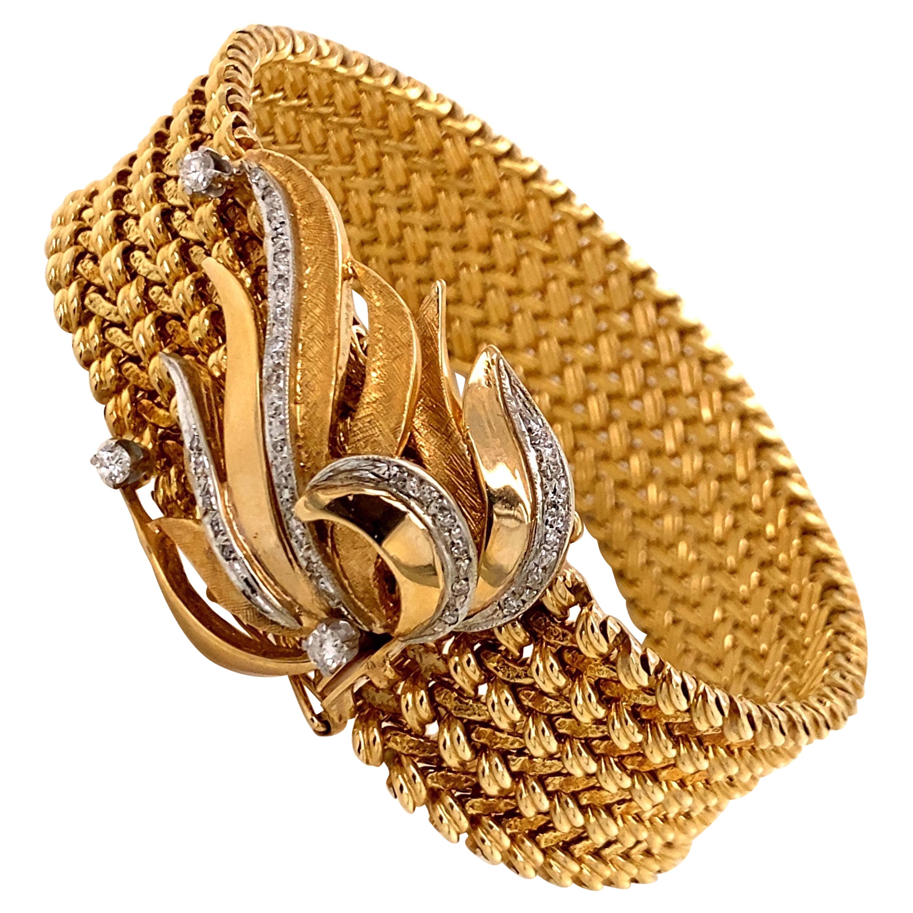 Vintage 1960s 14 Karat Gold Wide Woven Link Bracelet with Diamond Leaf Clasp For Sale