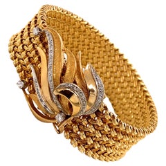 Vintage 1960s 14 Karat Gold Wide Woven Link Bracelet with Diamond Leaf Clasp