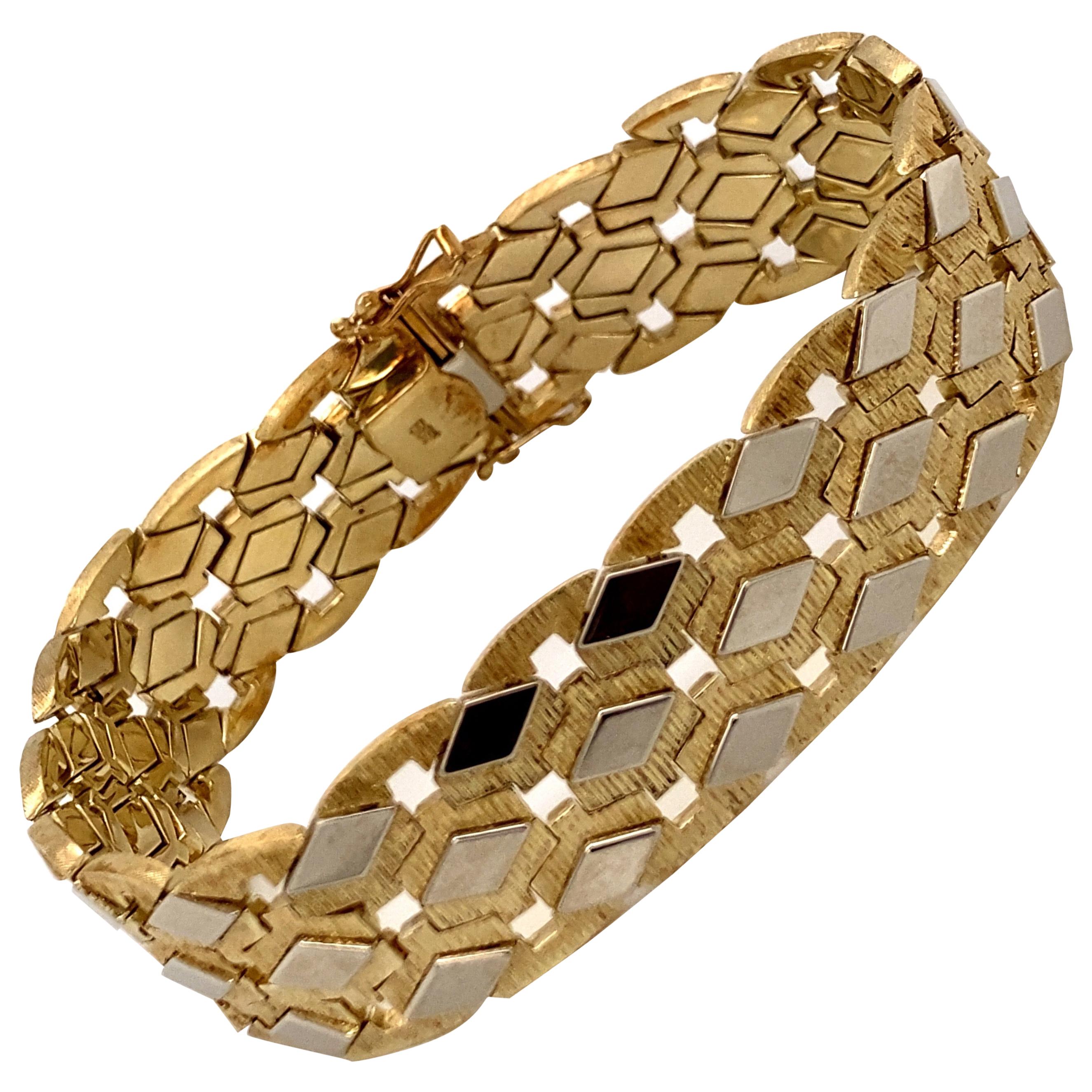 Vintage 1960s 14 Karat Two-Tone Gold Wide Retro Bracelet For Sale