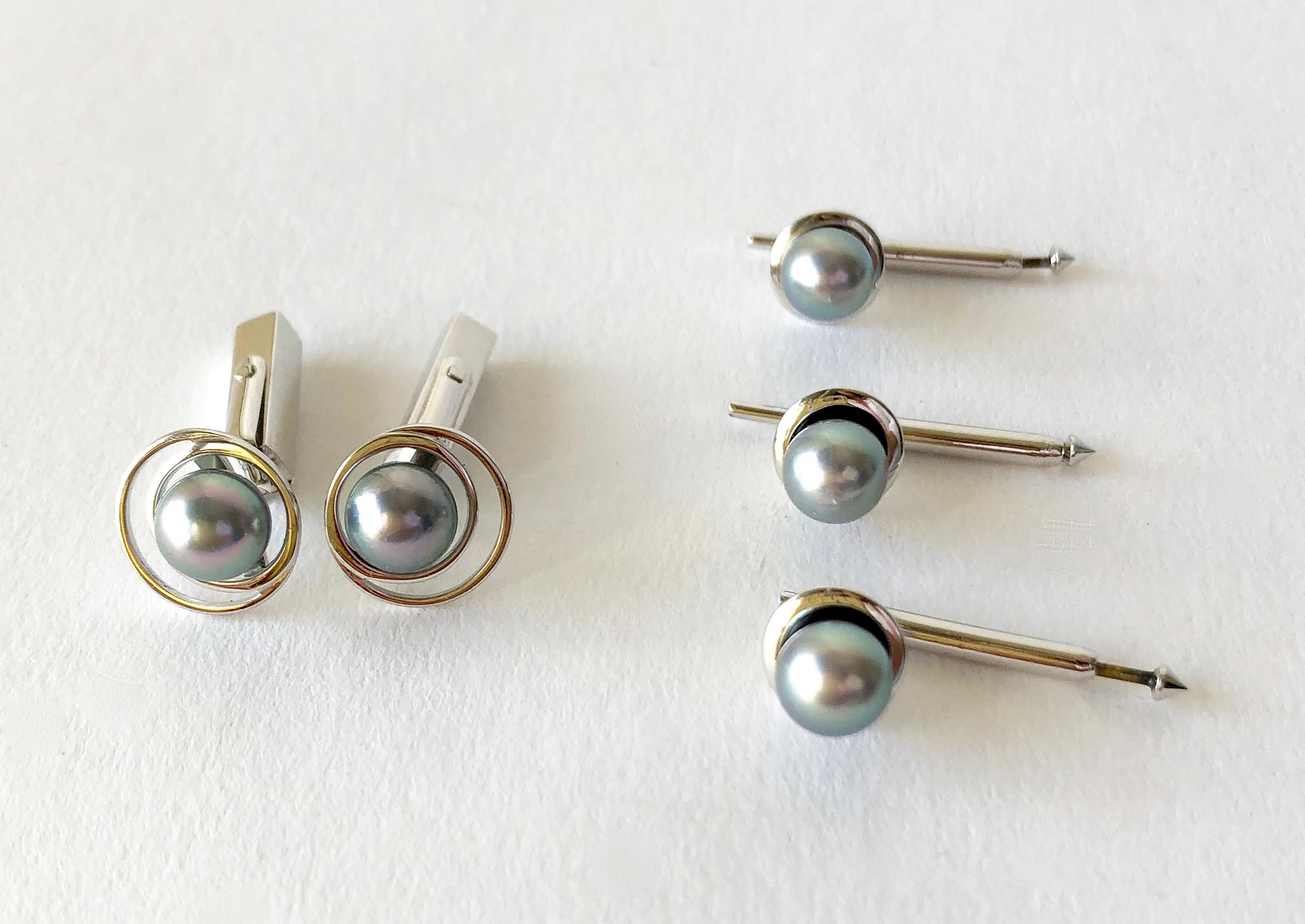 Vintage 14k white gold and Tahitian pearl cufflinks and stud set, circa 1960's.  Signed 14K.  10.9 grams.
