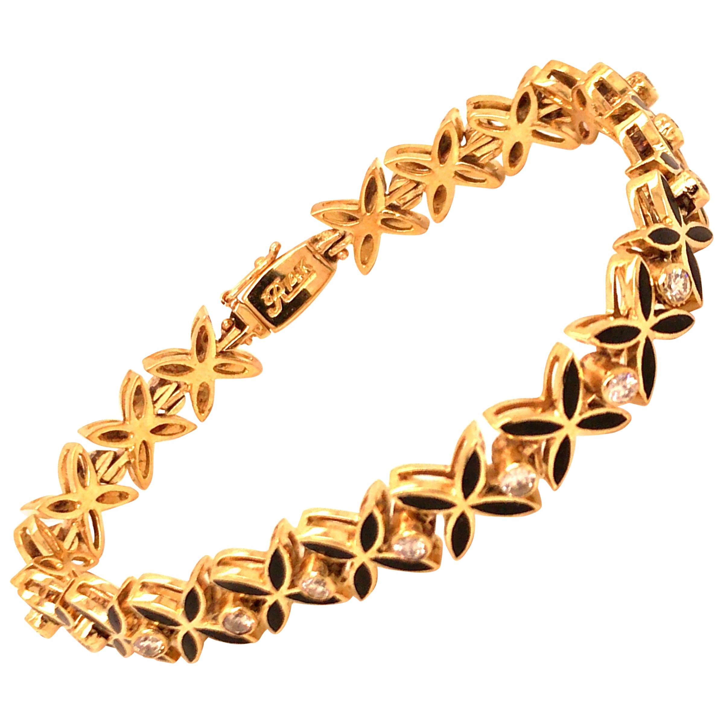 Vintage 1960s 14 Karat Yellow Gold Diamond and Black Enamel Bracelet For Sale