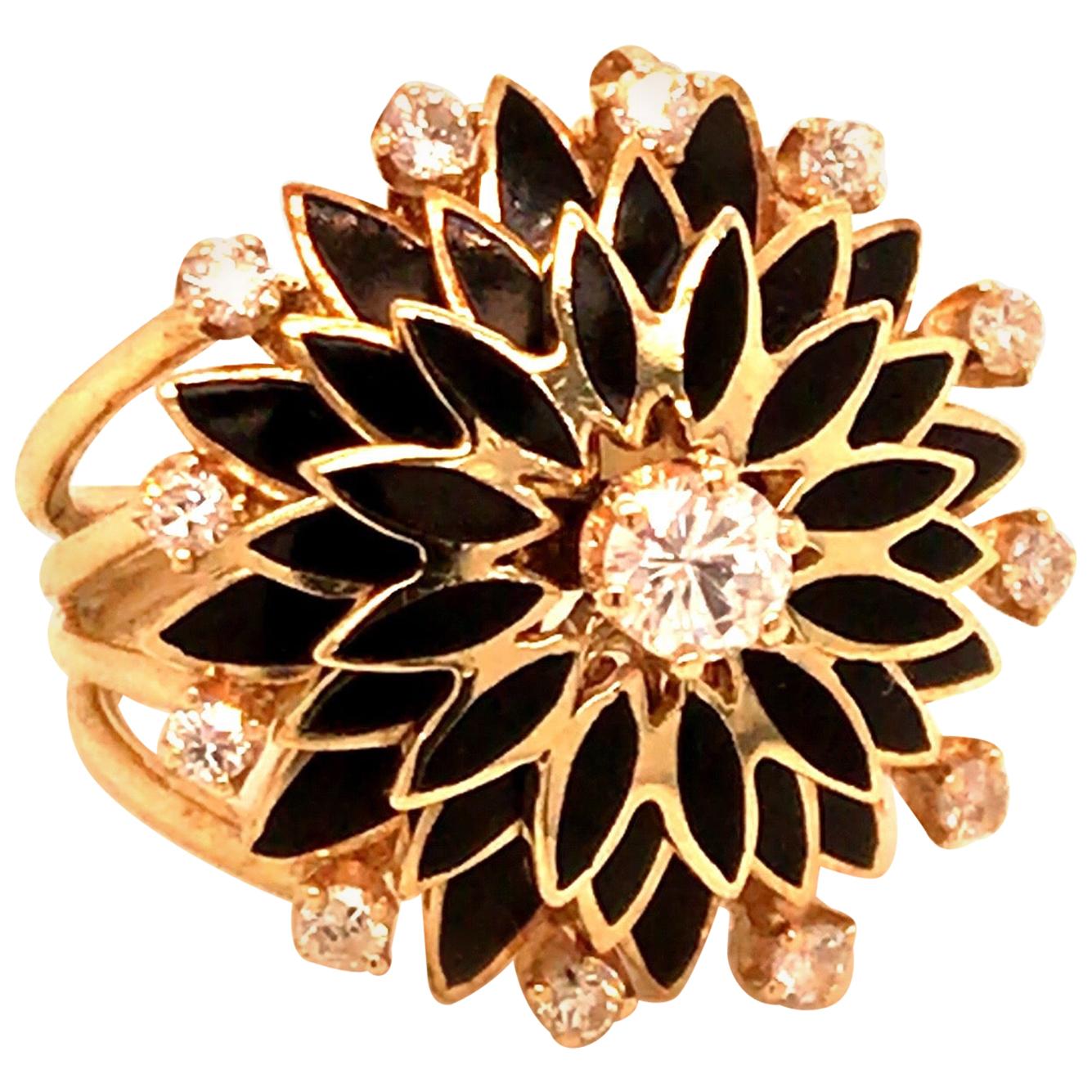 Vintage 1960s 14 Karat Yellow Gold Diamond and Black Enameled Ring
