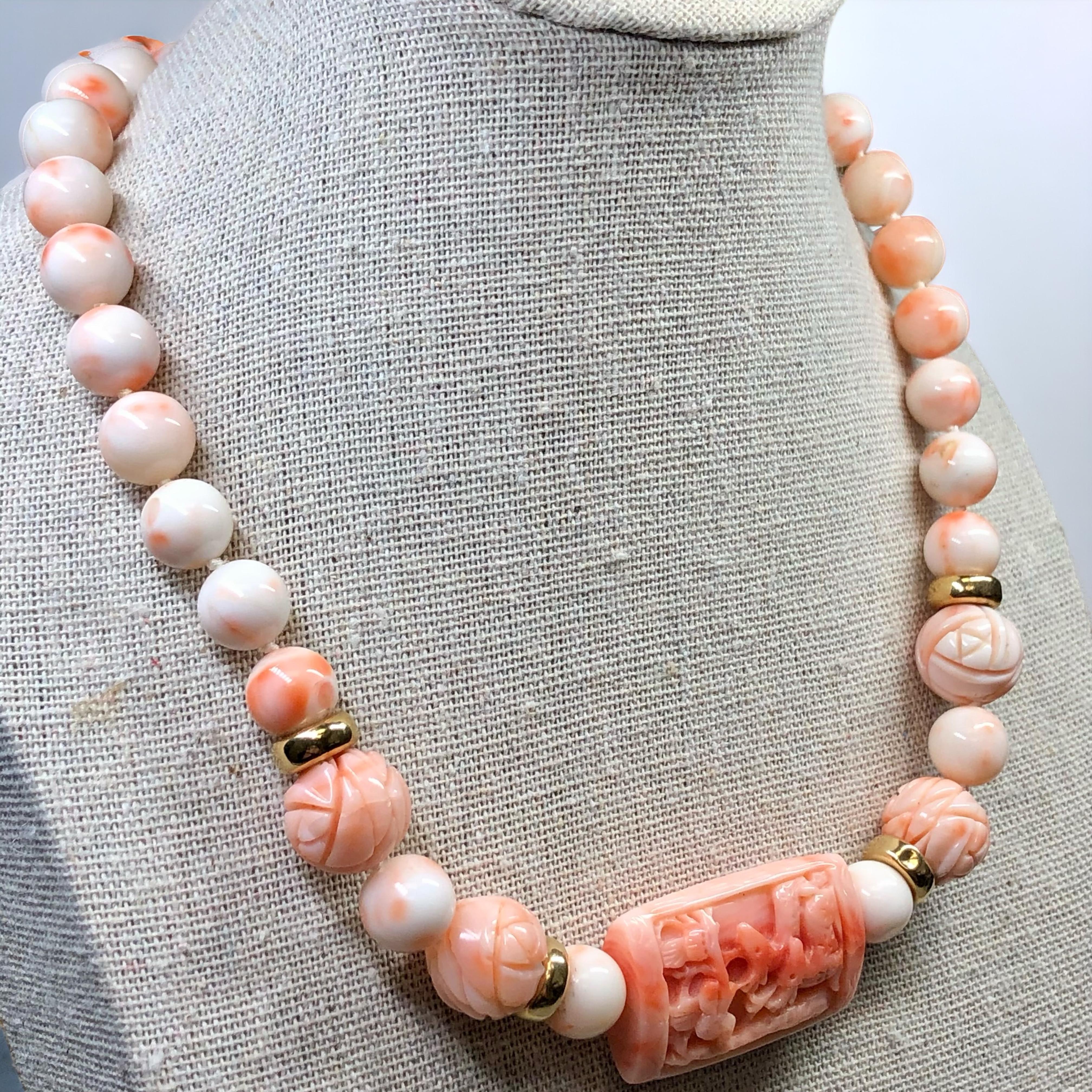 Retro Vintage 1960’s 14K Carved Pink Coral Choker Necklace 16” For Sale