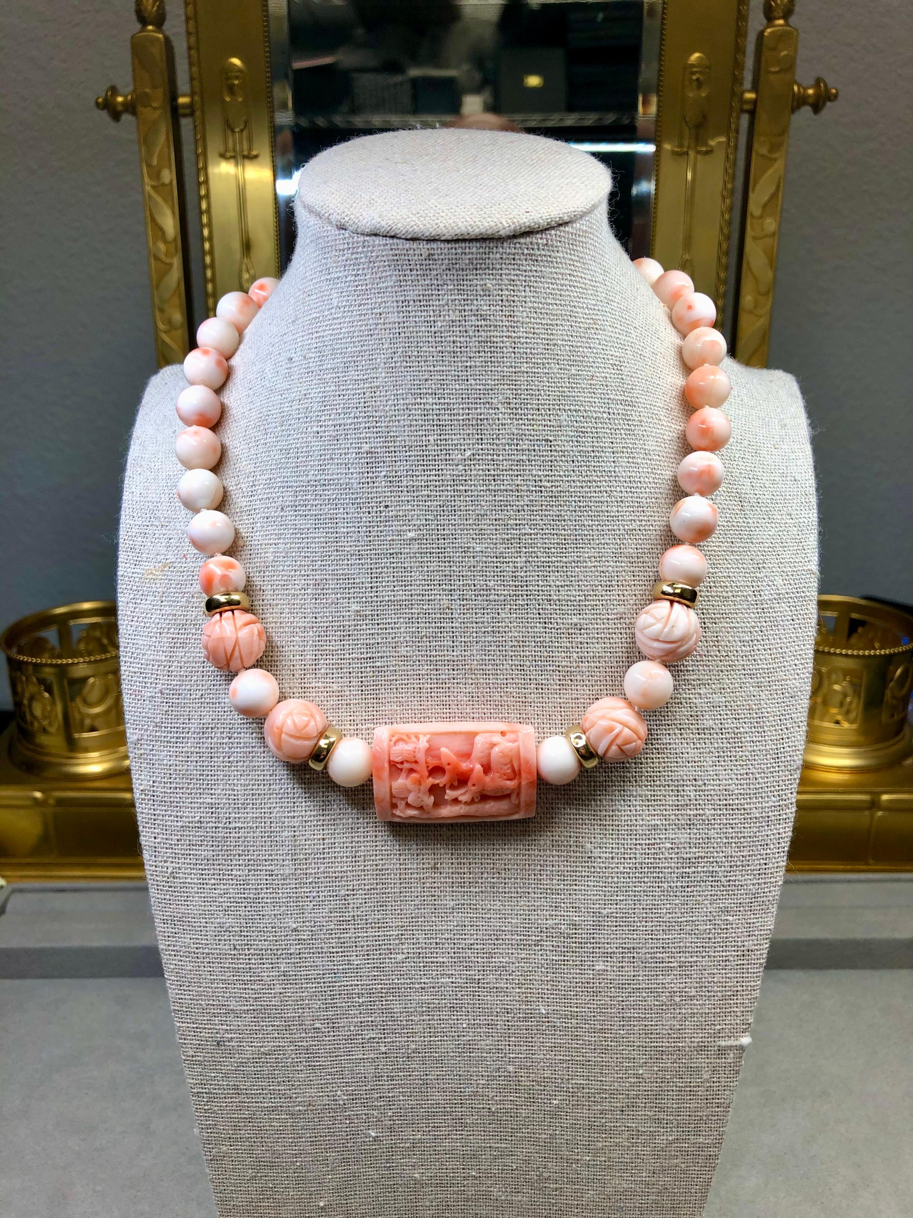 Uncut Vintage 1960’s 14K Carved Pink Coral Choker Necklace 16” For Sale