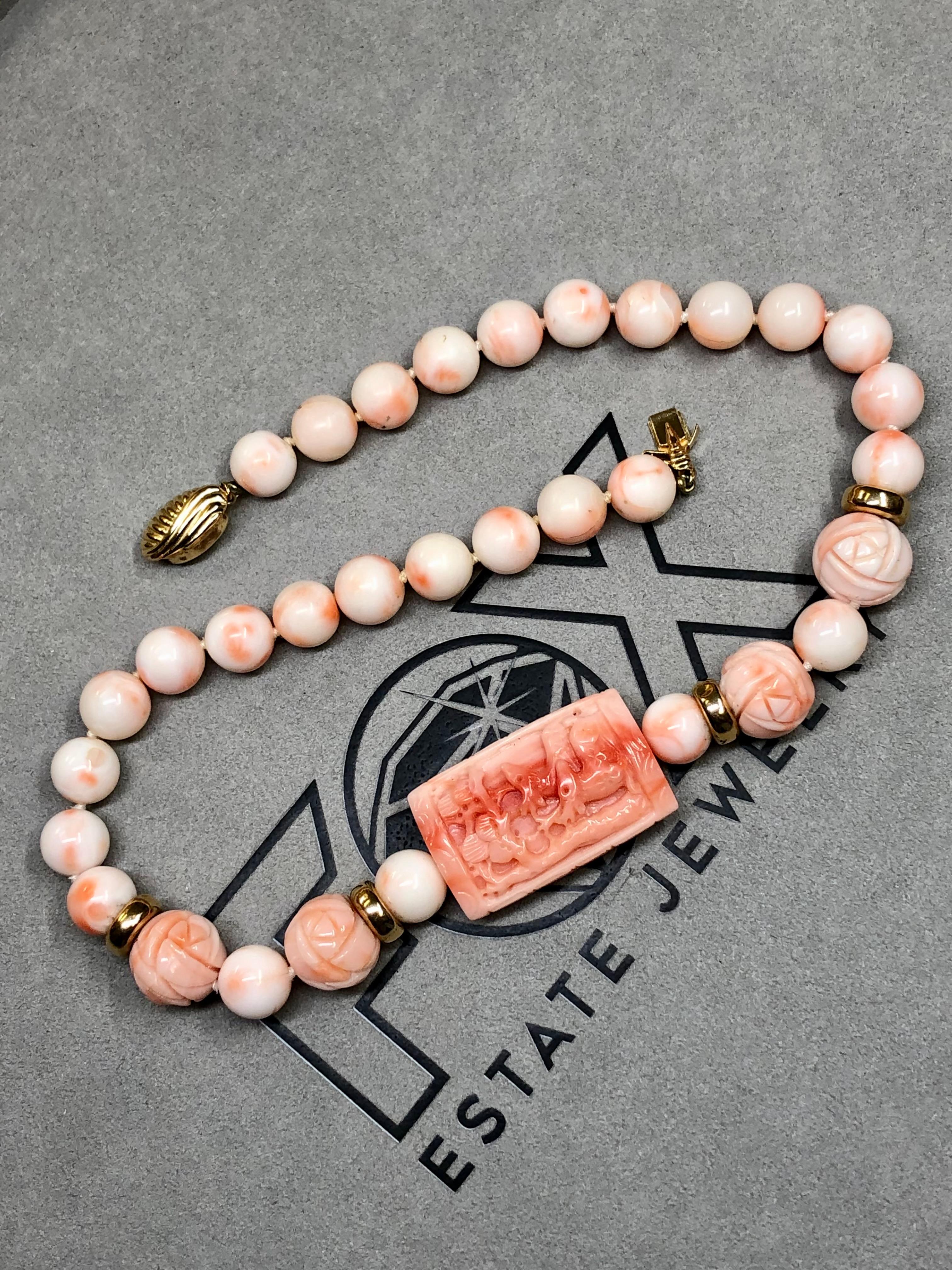Vintage 1960’s 14K Carved Pink Coral Choker Necklace 16” In Good Condition For Sale In Winter Springs, FL
