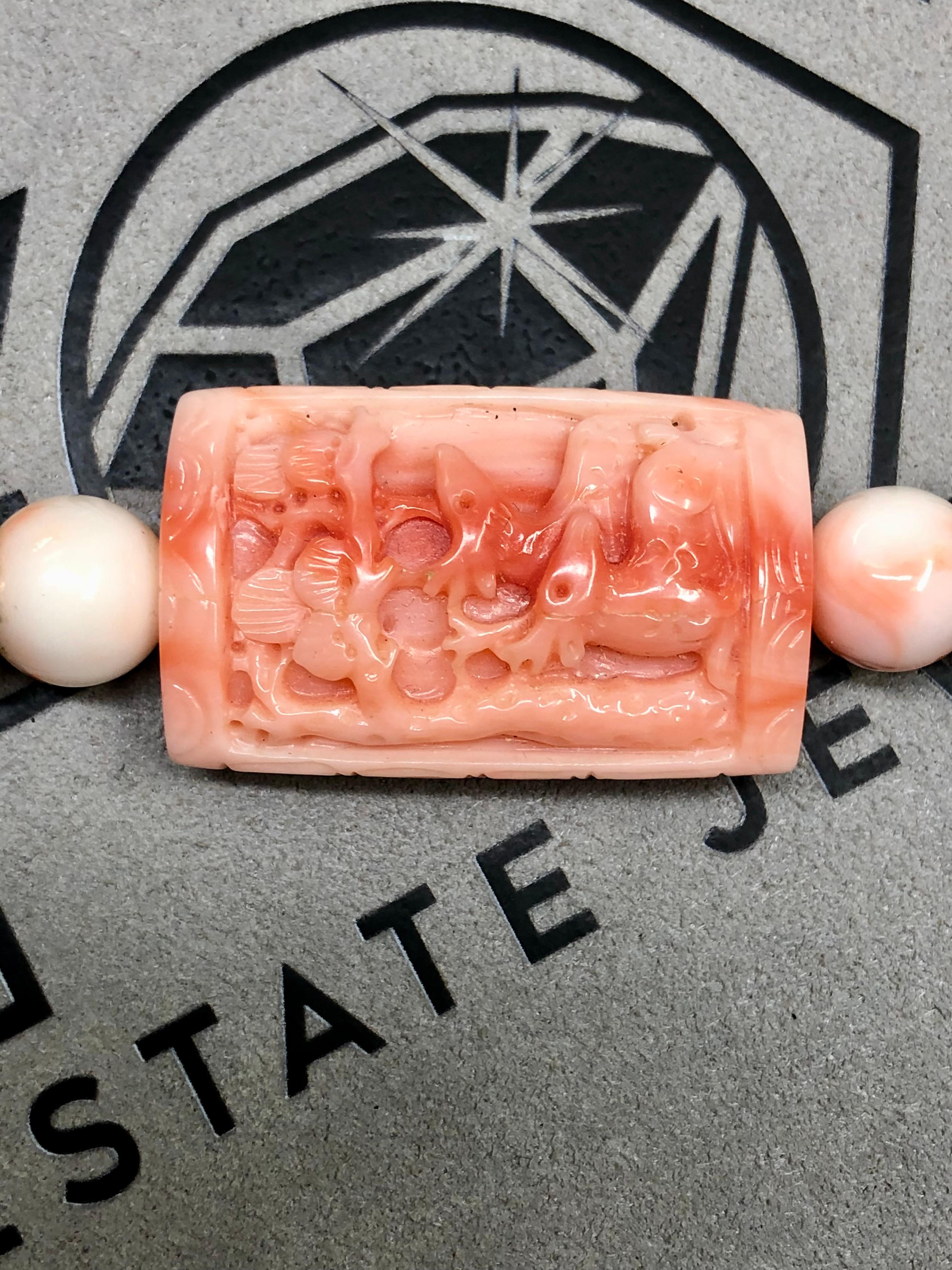 Women's or Men's Vintage 1960’s 14K Carved Pink Coral Choker Necklace 16” For Sale