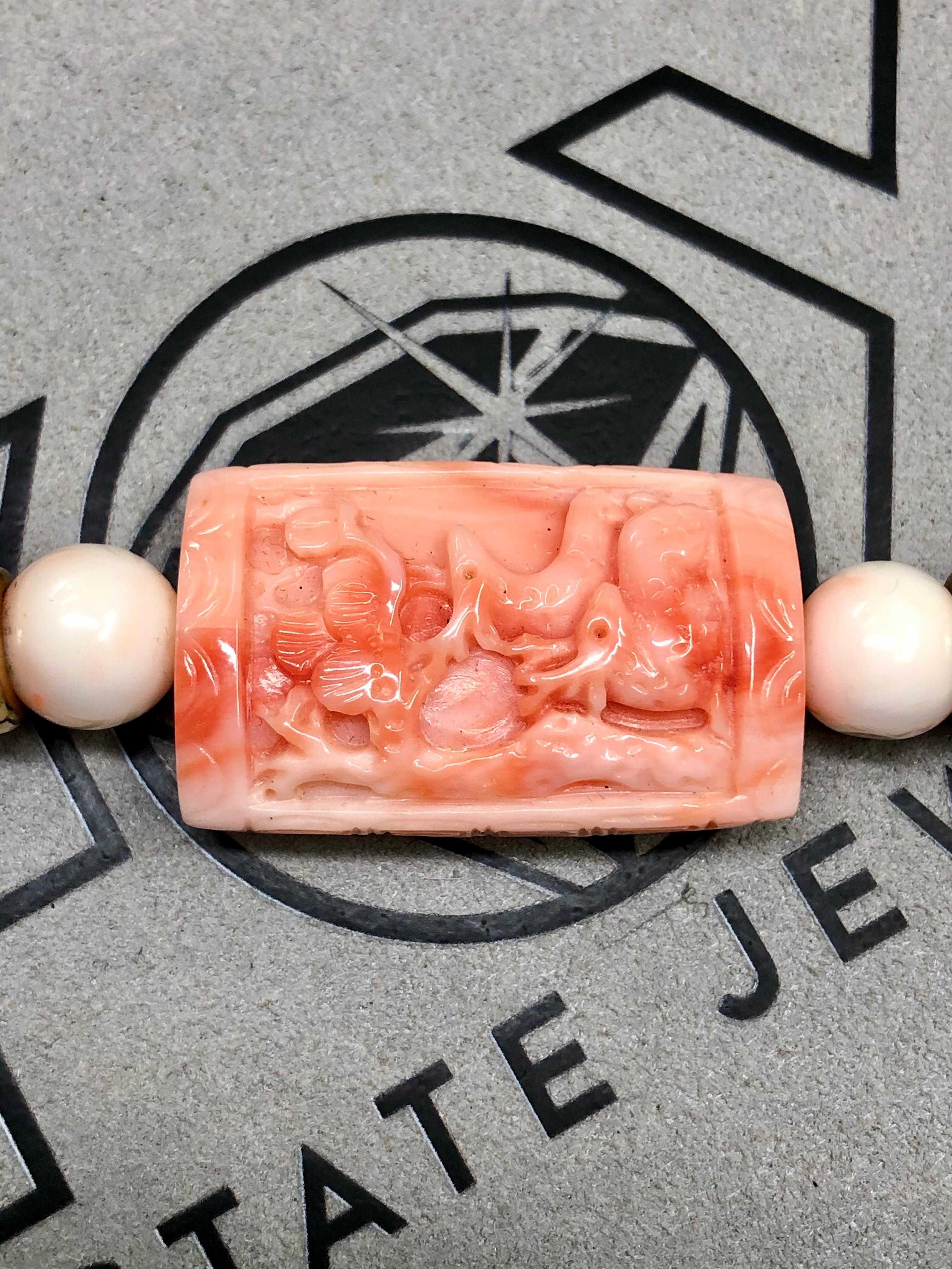 Vintage 1960’s 14K Carved Pink Coral Choker Necklace 16” For Sale 1
