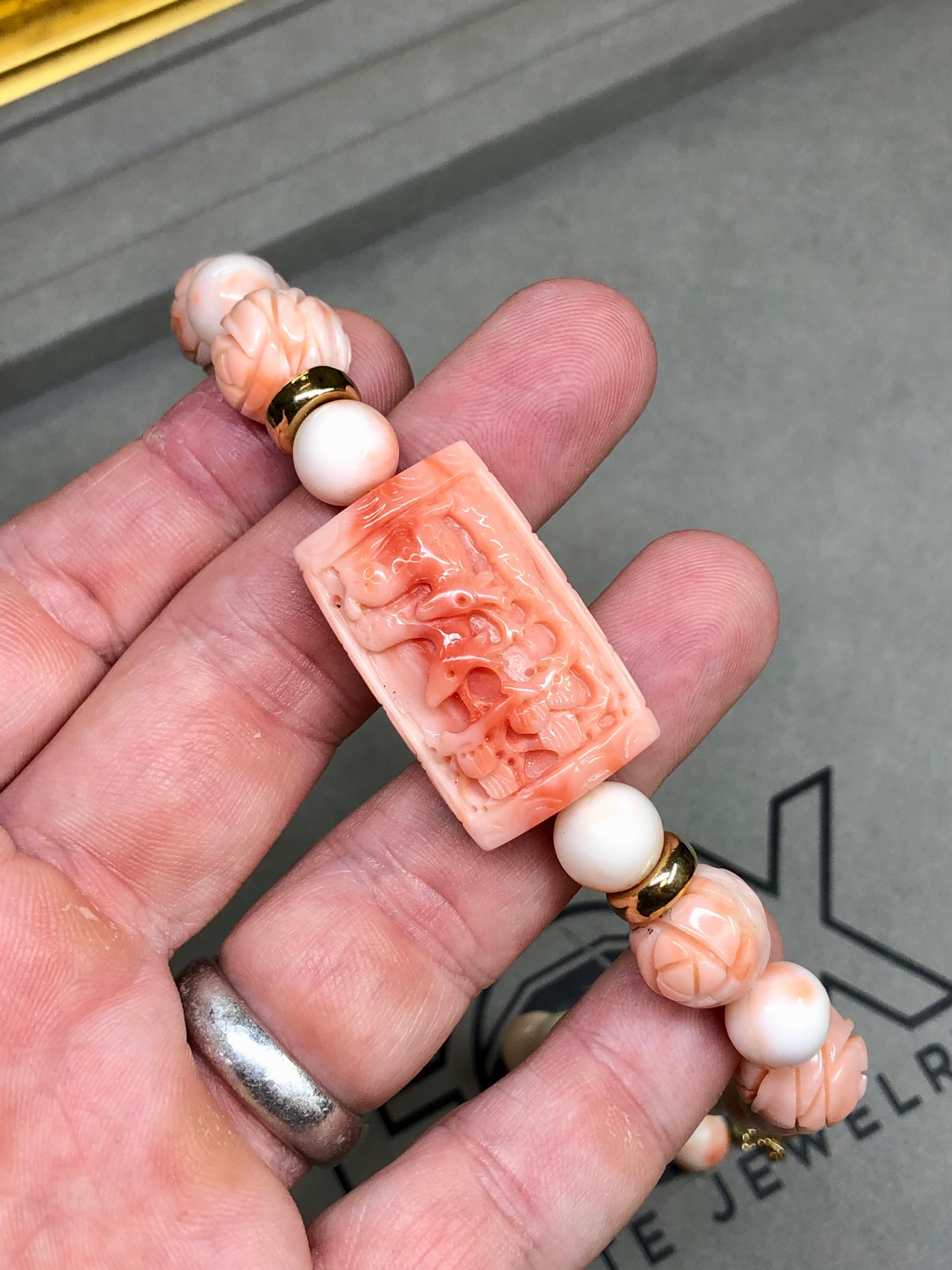 Vintage 1960’s 14K Carved Pink Coral Choker Necklace 16” For Sale 2