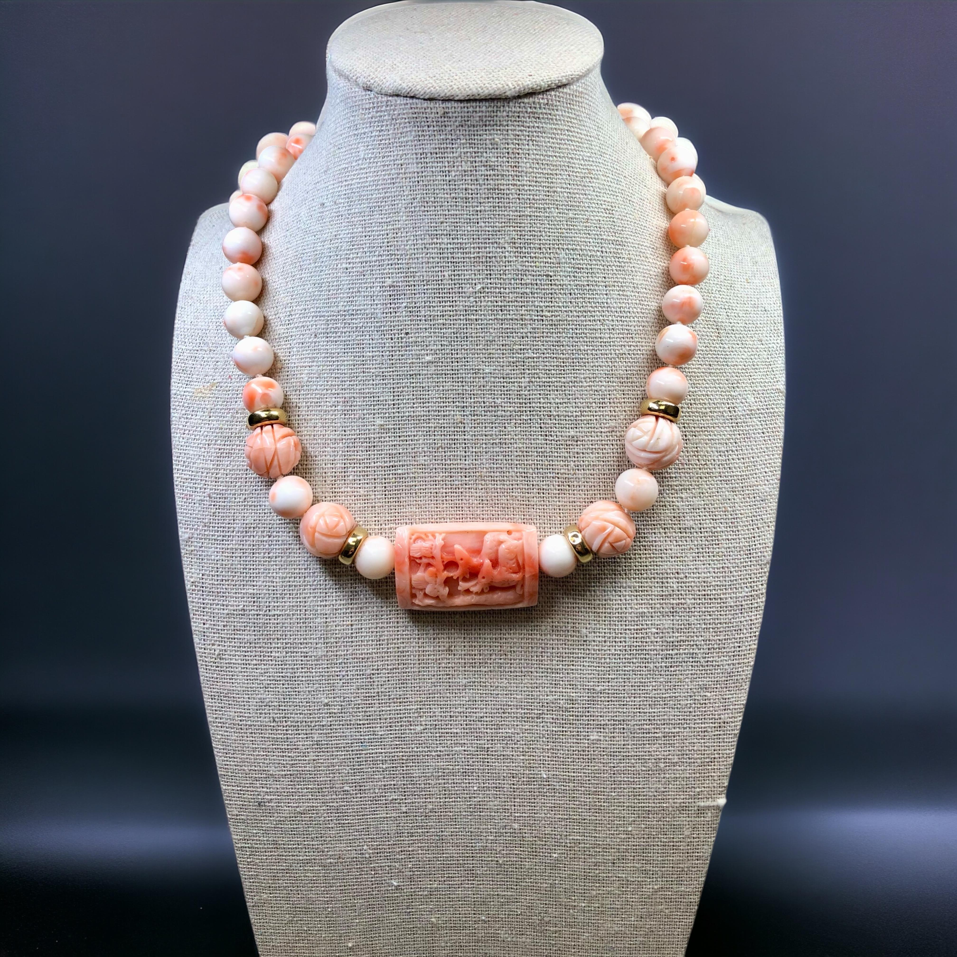 Vintage 1960’s 14K Carved Pink Coral Choker Necklace 16” For Sale 3