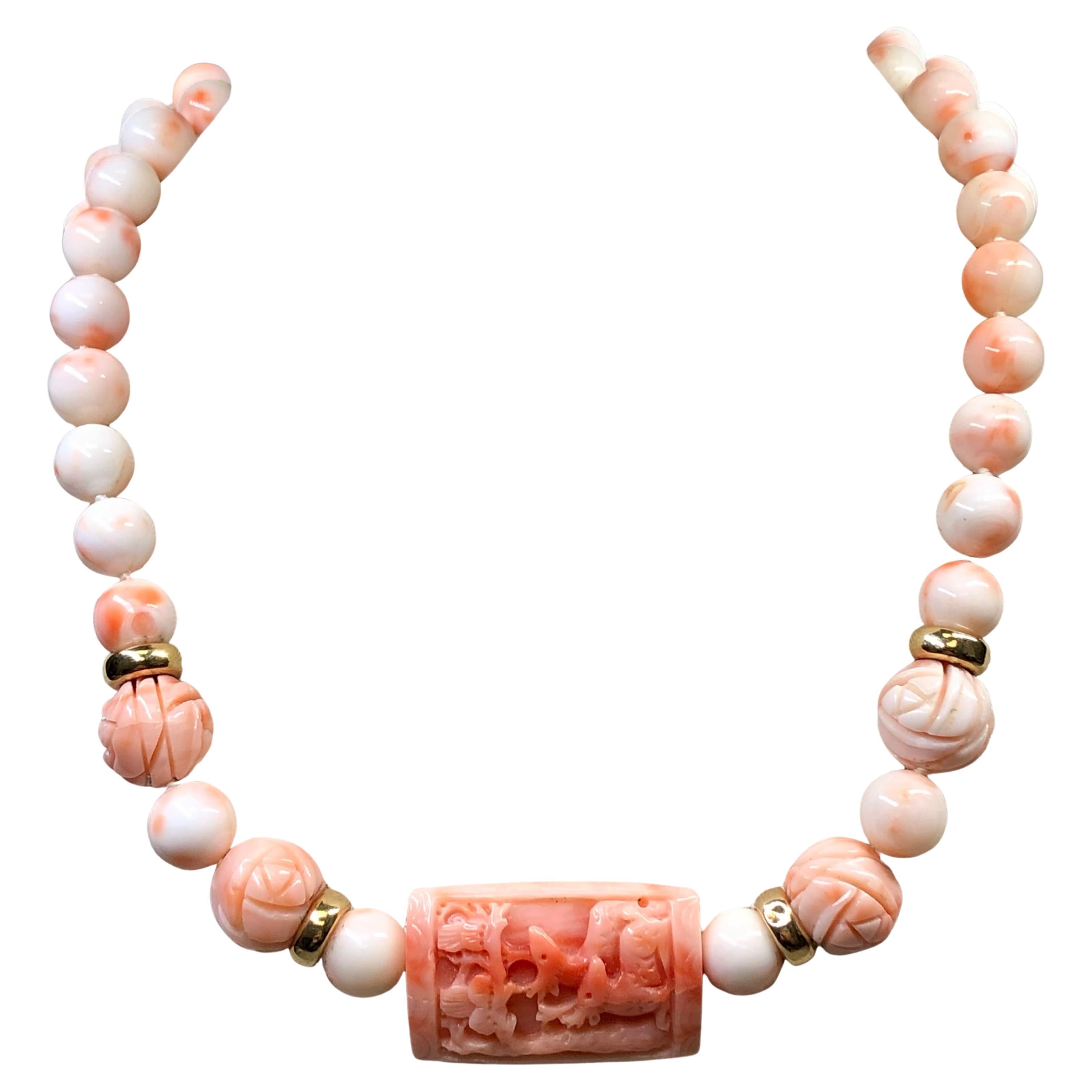 Vintage 1960’s 14K Carved Pink Coral Choker Necklace 16” For Sale