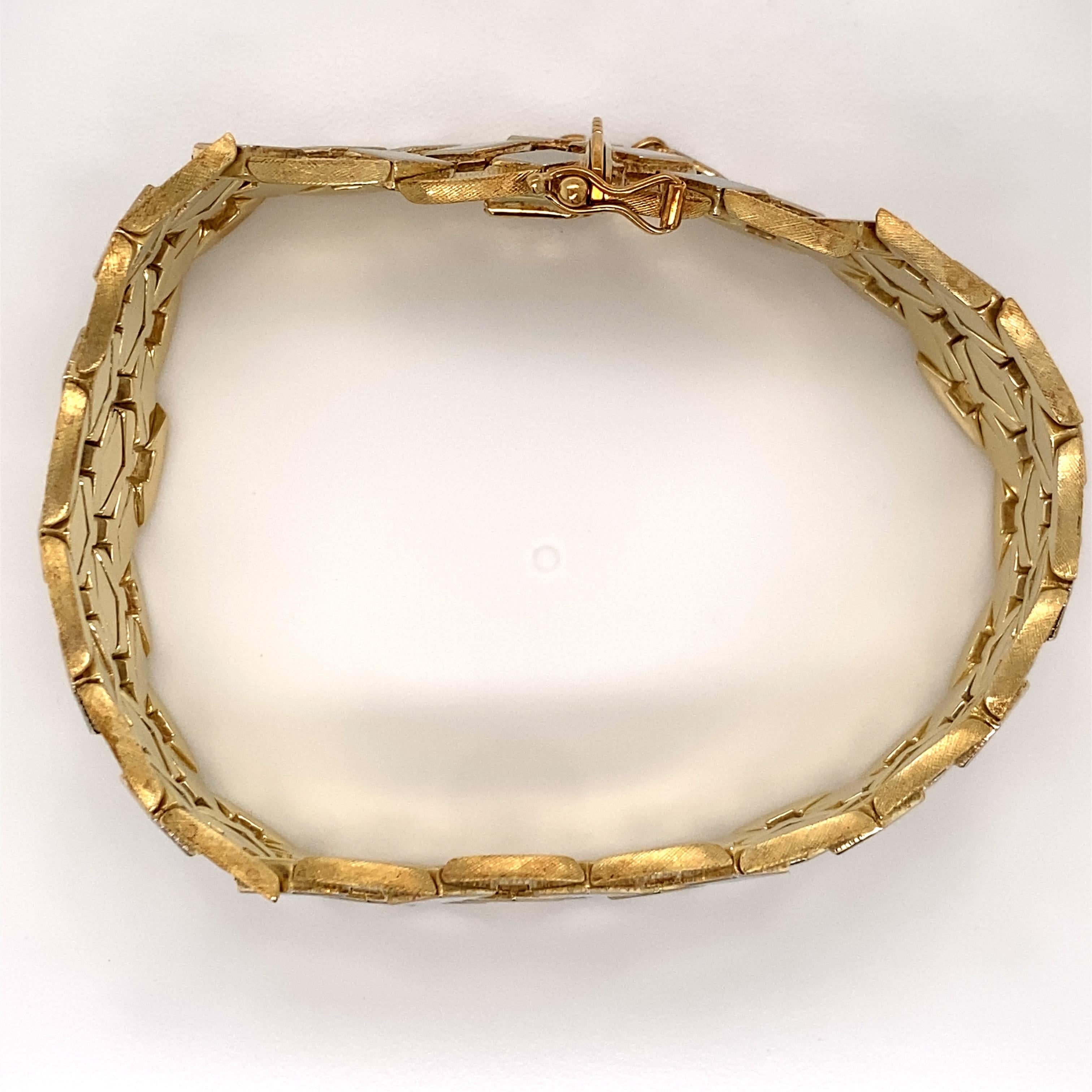 Vintage 1960s 14 Karat Two-Tone Gold Wide Retro Bracelet In Good Condition For Sale In Boston, MA