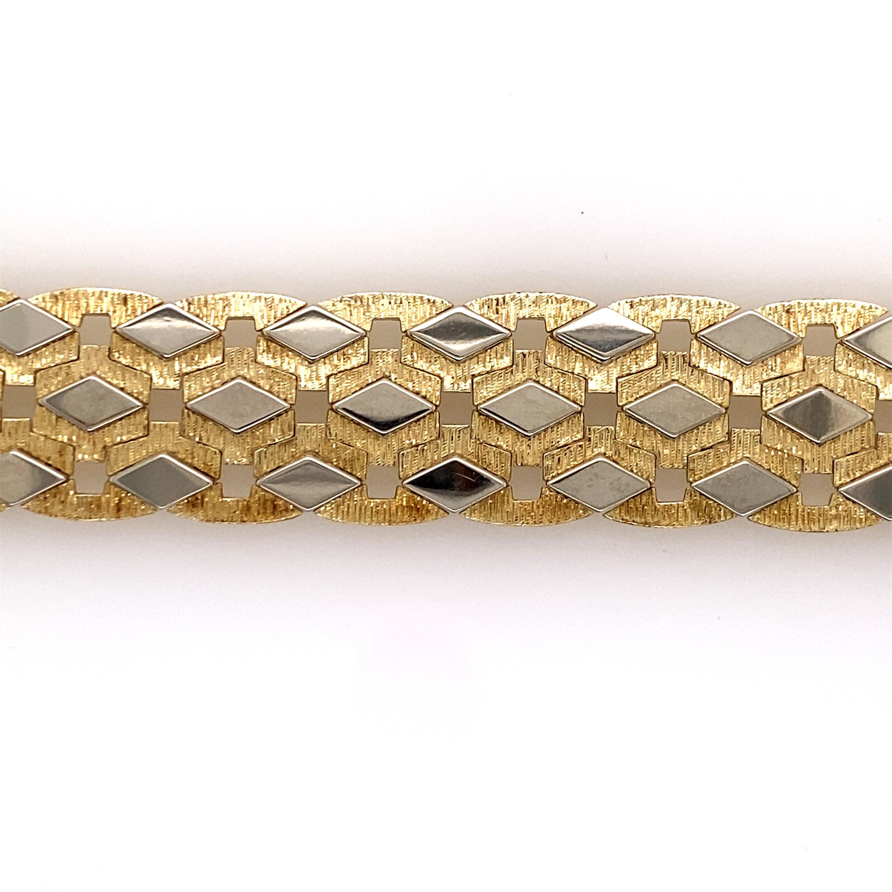 Women's Vintage 1960s 14 Karat Two-Tone Gold Wide Retro Bracelet For Sale