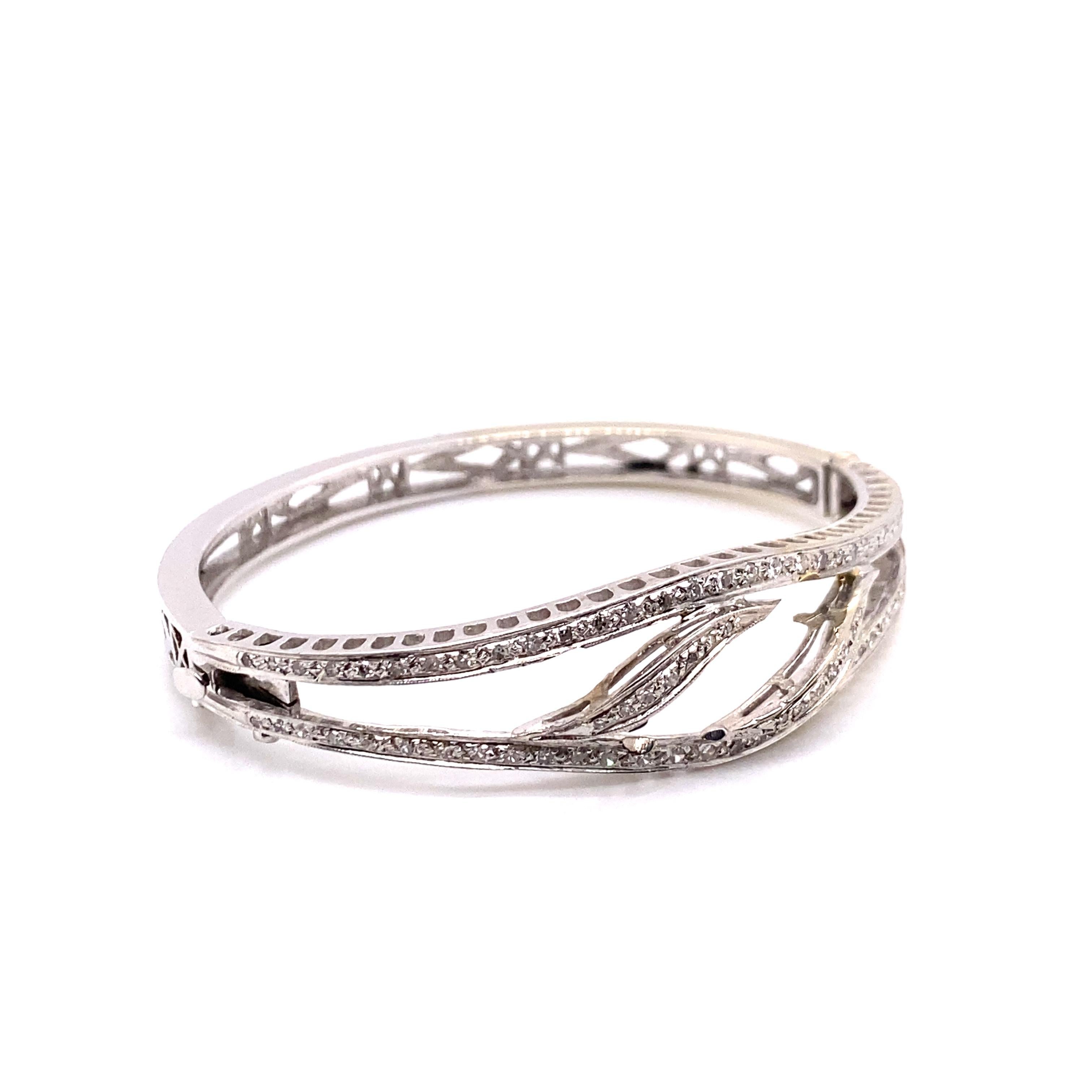 Vintage 1960's 14k White Gold 2 Row Diamond Bangle In Good Condition For Sale In Boston, MA