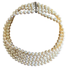 Vintage 1960s 14K White Gold Diamond Emerald Pearl Five Strand Choker Necklace