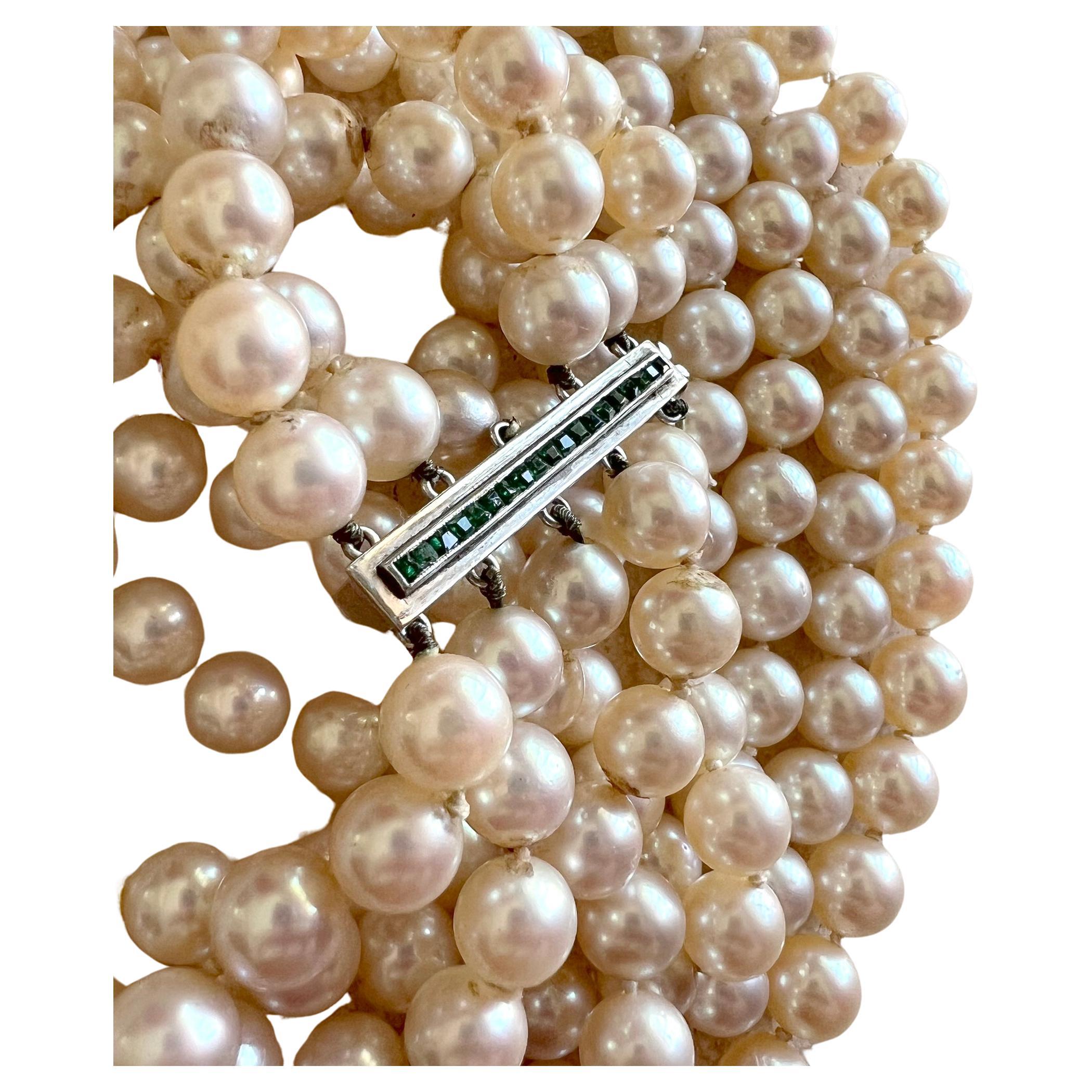 Art Deco Vintage 1960s 14K White Gold Diamond Emerald Pearl Five Strand Choker Necklace For Sale