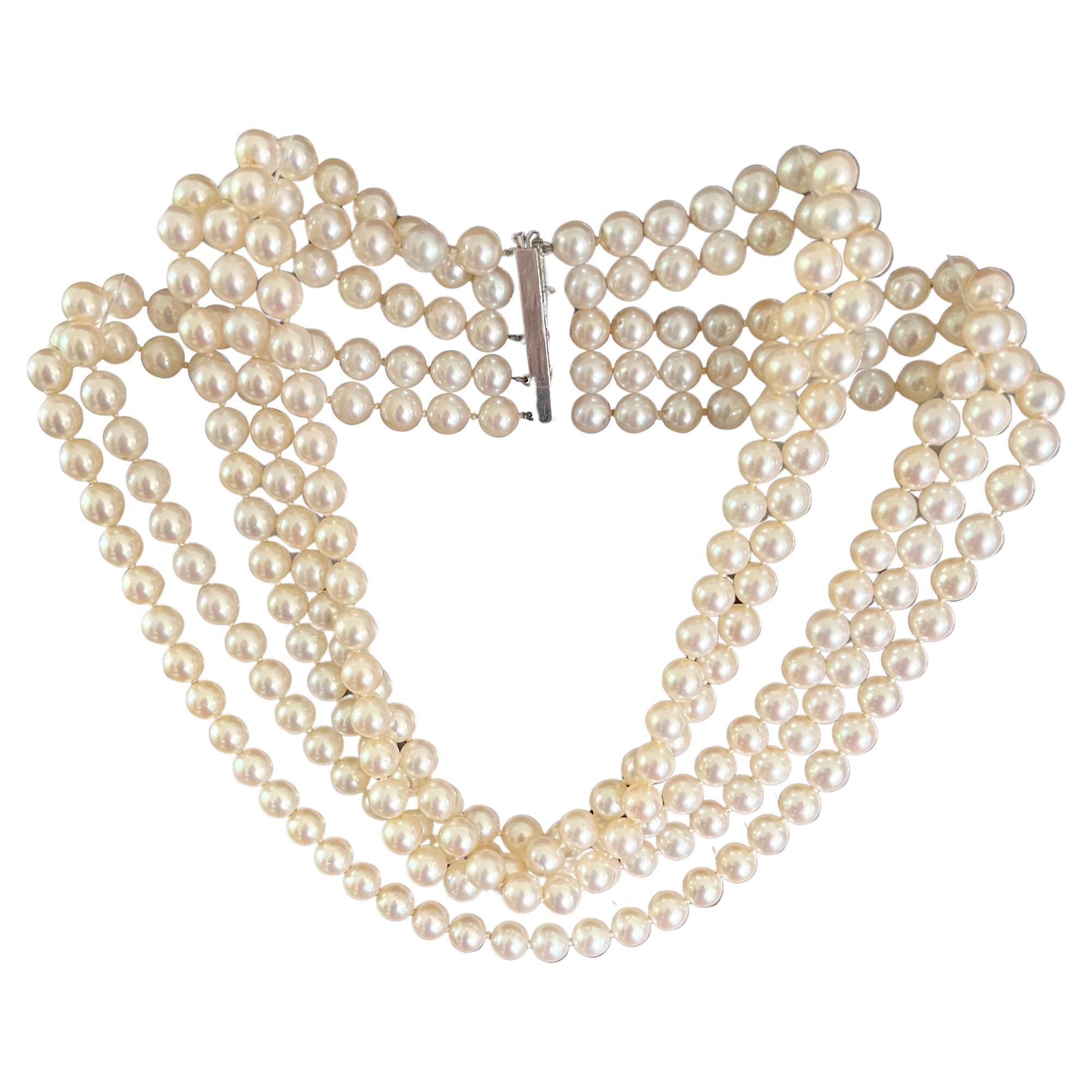 Vintage 1960s 14K White Gold Diamond Emerald Pearl Five Strand Choker Necklace For Sale
