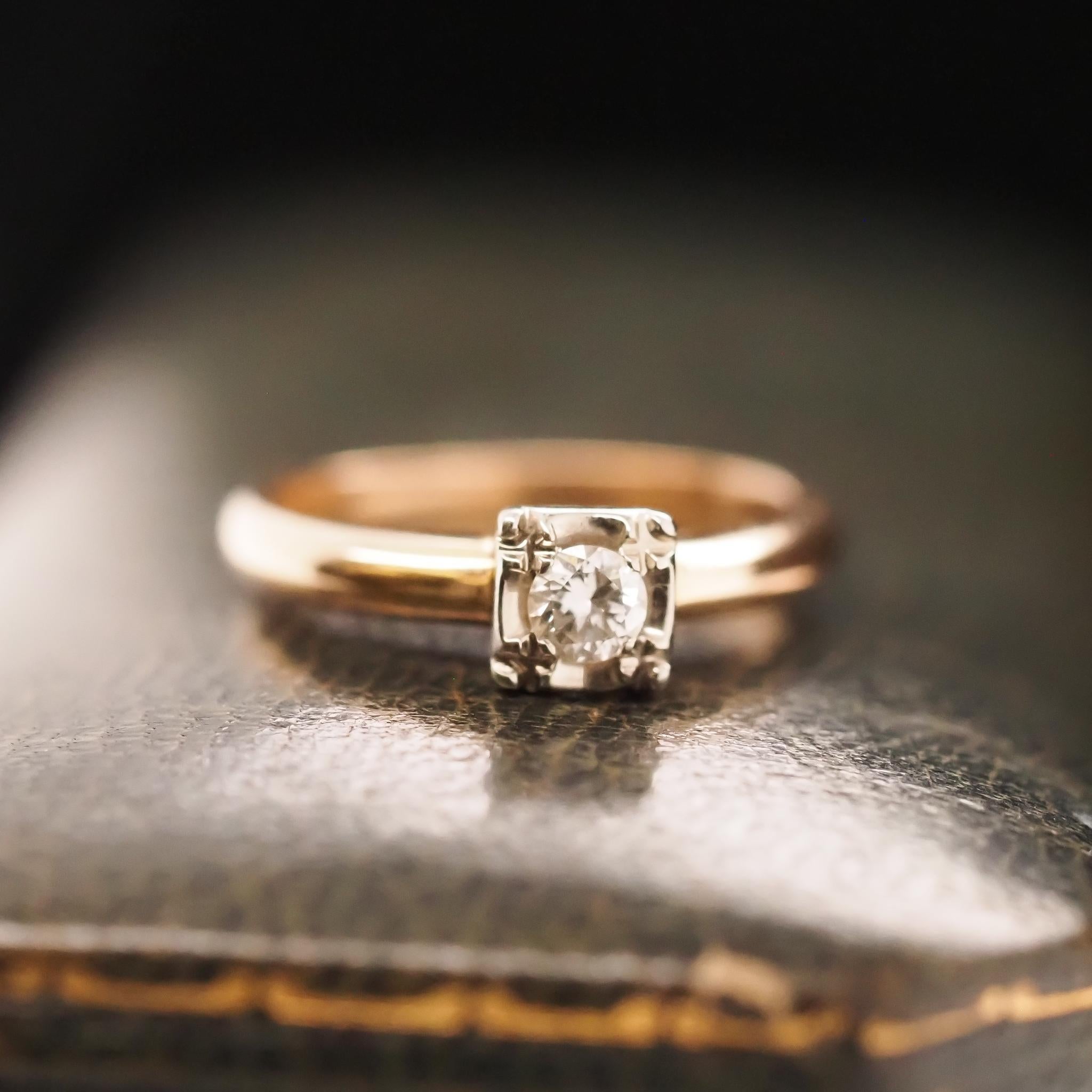 Year:
Item Details:
Ring Size: 5.5
Metal Type: 14k Yellow Gold [Hallmarked, and Tested]
Weight: 3.1 grams
Diamond Details: .15ct, Old European Transitional Cut, H Color, VS Clarity
Band Width: 2.23 mm
Condition: Excellent
Vintage