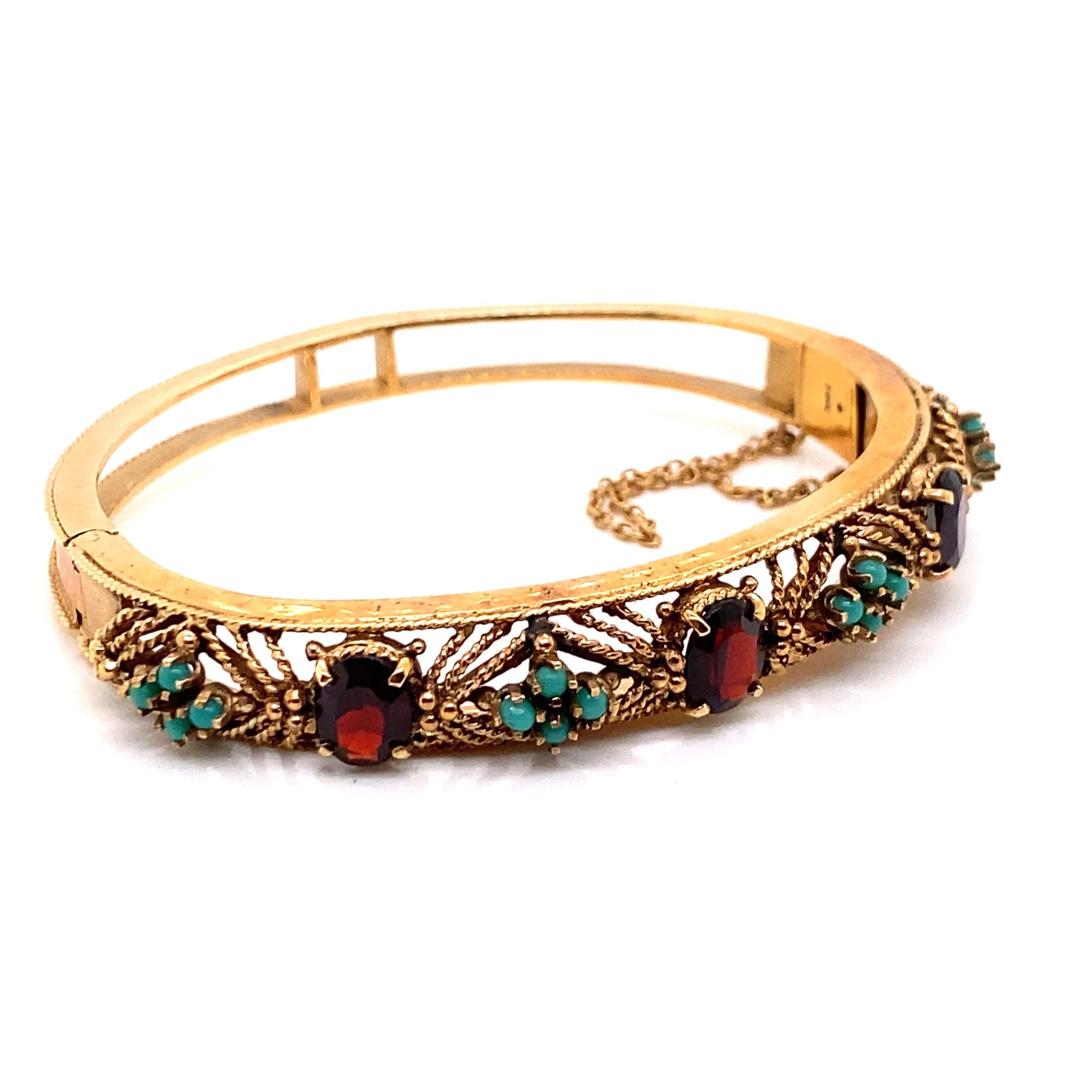 Retro Vintage 1960's 14K Yellow Gold Bangle Bracelet with Garnet and Turquoise For Sale