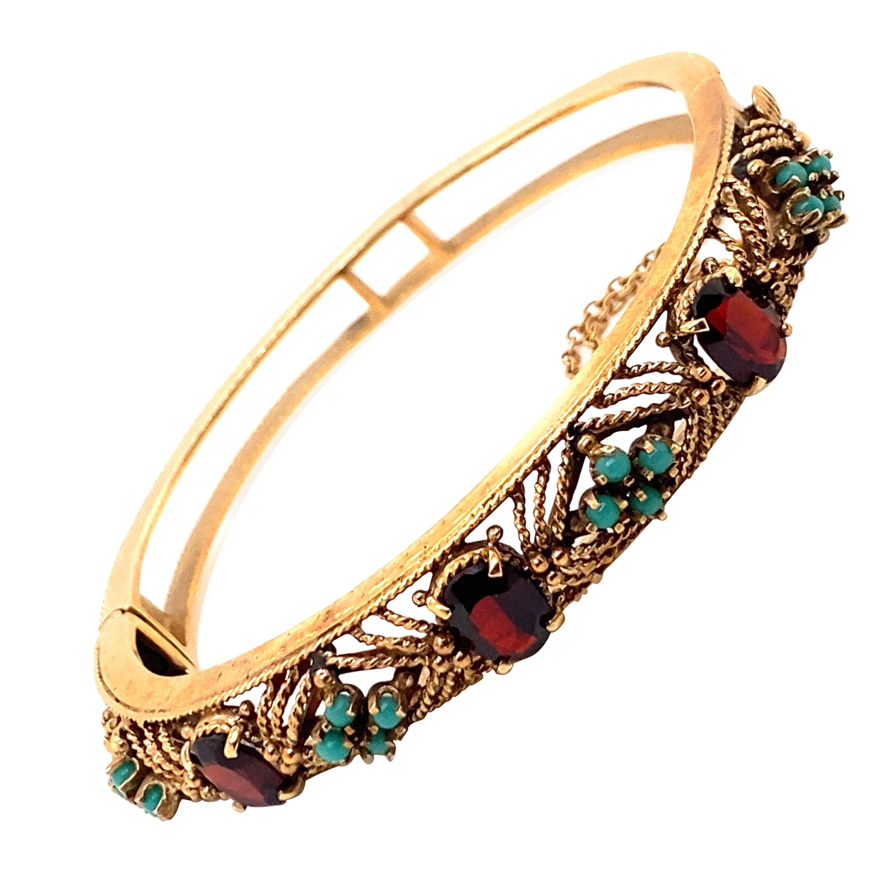 Vintage 1960's 14K Yellow Gold Bangle Bracelet with Garnet and Turquoise For Sale