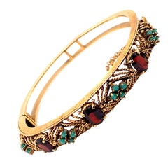 Vintage 1960's 14K Yellow Gold Bangle Bracelet with Garnet and Turquoise