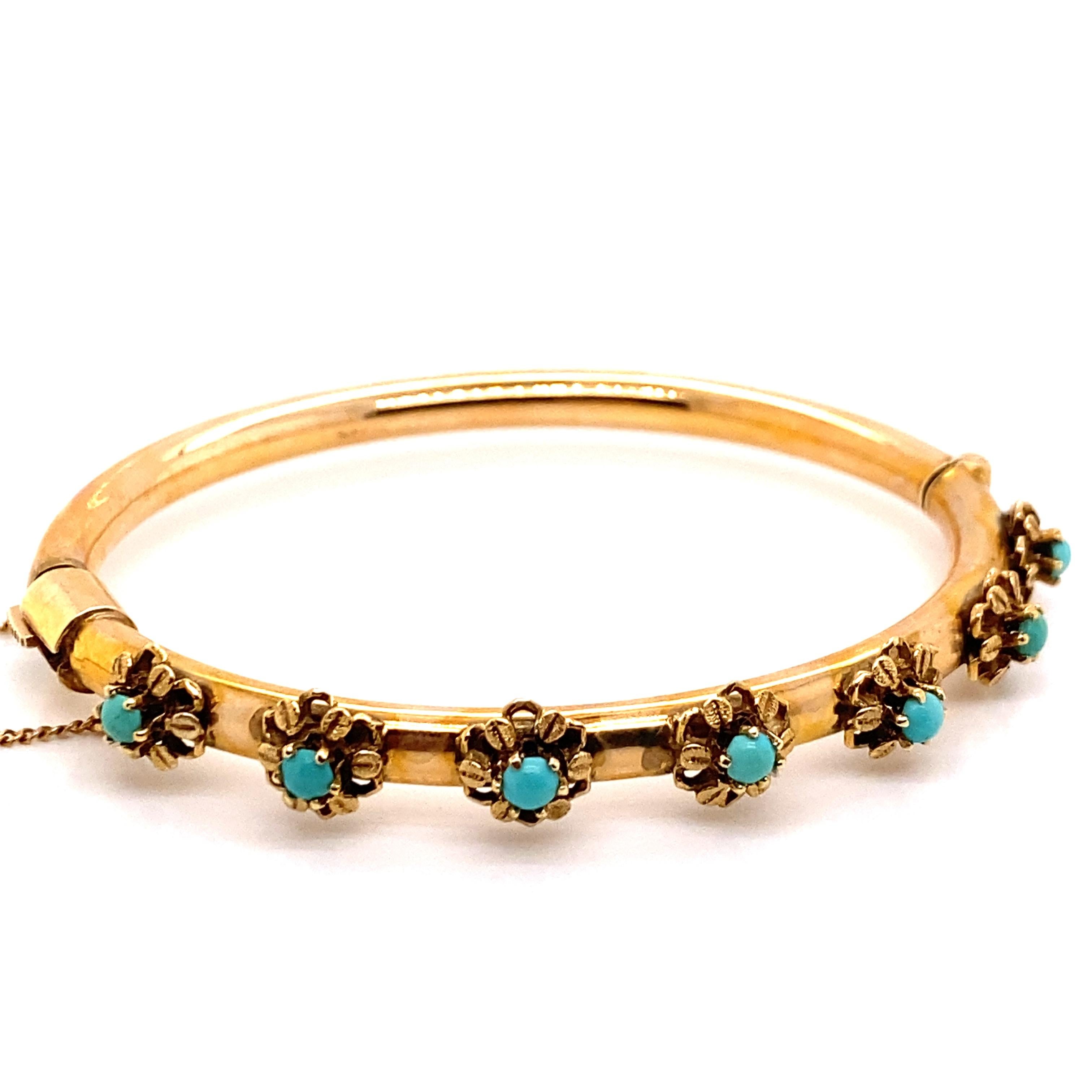 Rétro Bracelet jonc vintage en or jaune 14 carats avec pierres turquoises, années 1960 en vente