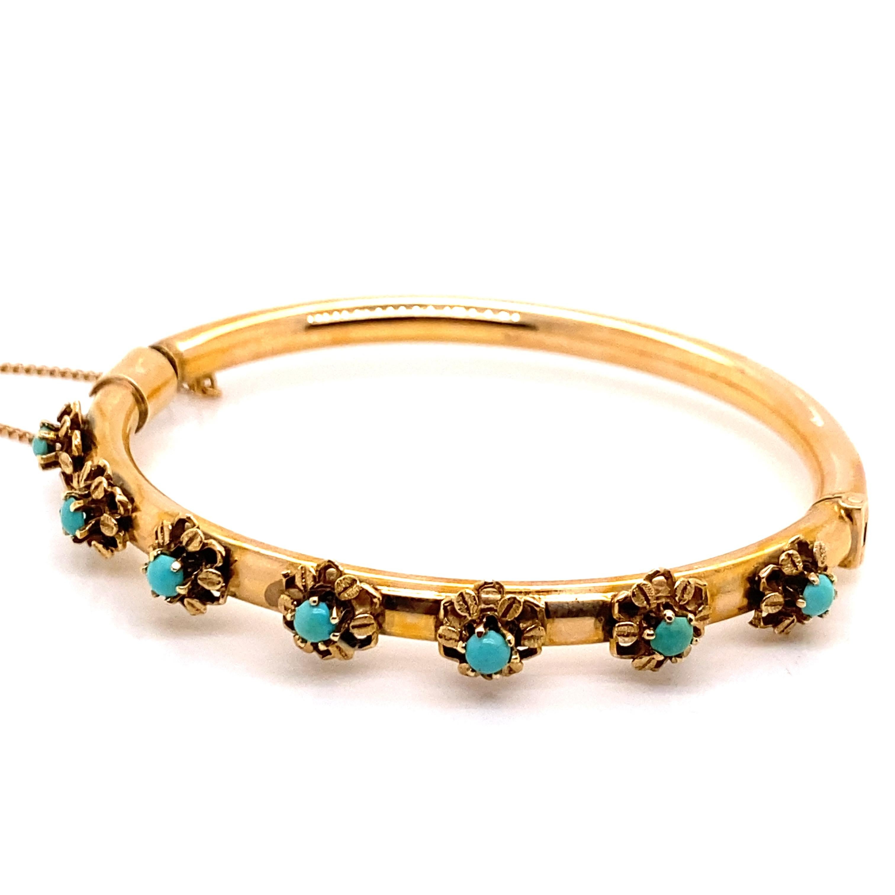 Taille cabochon Bracelet jonc vintage en or jaune 14 carats avec pierres turquoises, années 1960 en vente