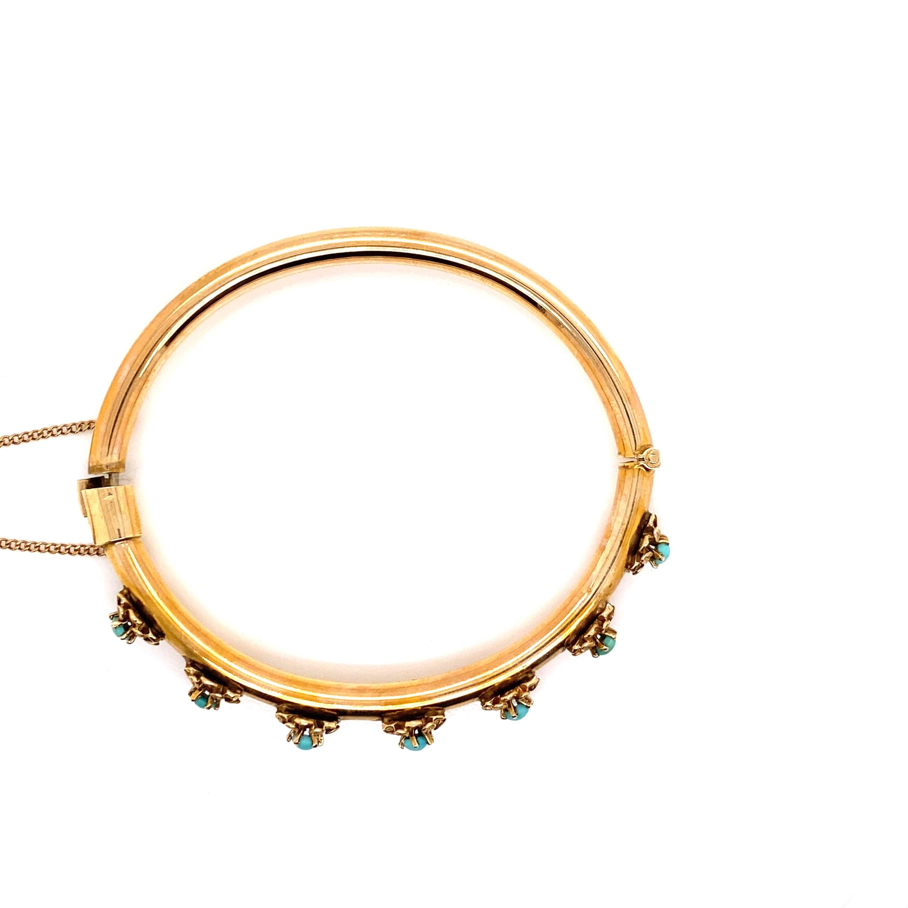 Bracelet jonc vintage en or jaune 14 carats avec pierres turquoises, années 1960 Pour femmes en vente