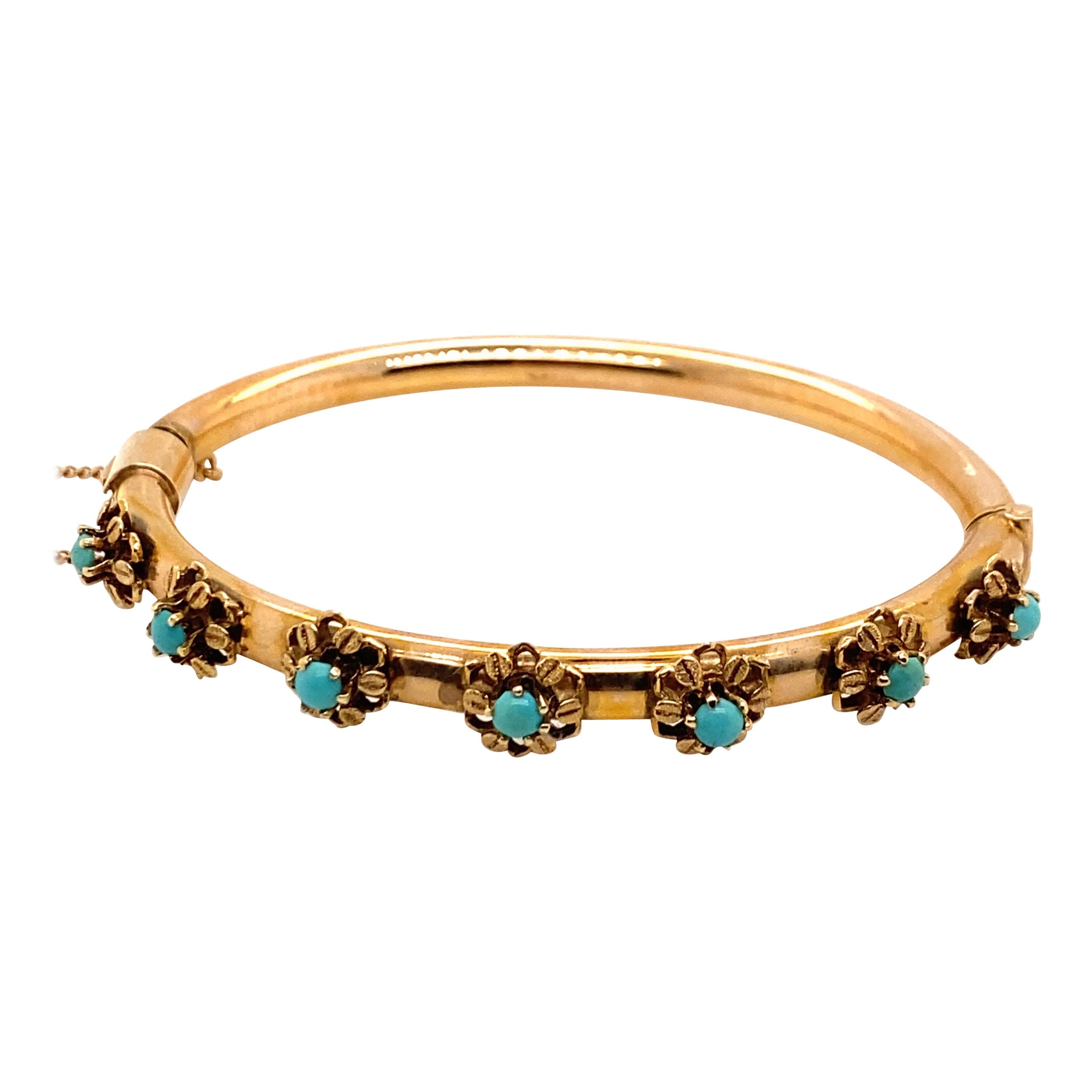 Bracelet jonc vintage en or jaune 14 carats avec pierres turquoises, années 1960 en vente