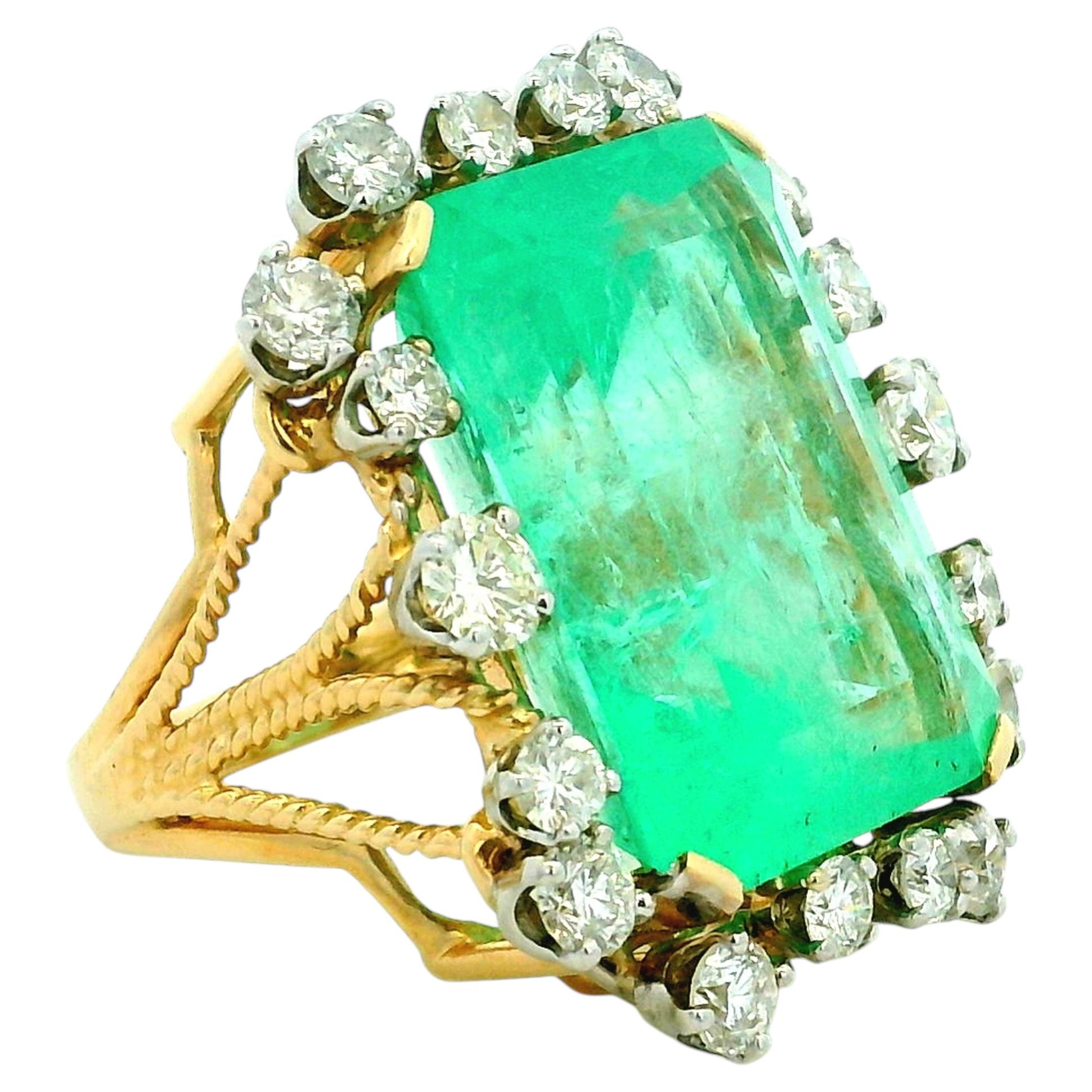 Vintage 1960s 14K Yellow Gold Colombian Emerald Diamond Cocktail Ring, 36.42 Ct