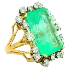 Vintage 1960s 14K Yellow Gold Colombian Emerald  Diamond Cocktail Ring, 36.42 Ct
