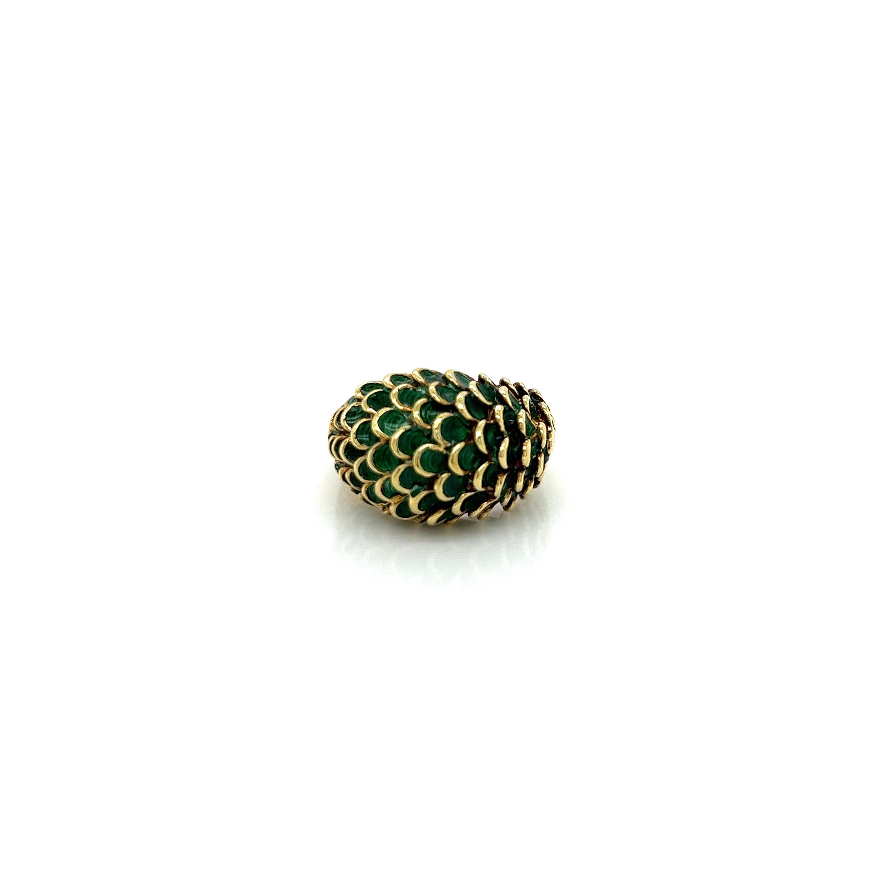 Modern Vintage 1960's 14k Yellow Gold Green Enamel Dome Statement Ring For Sale