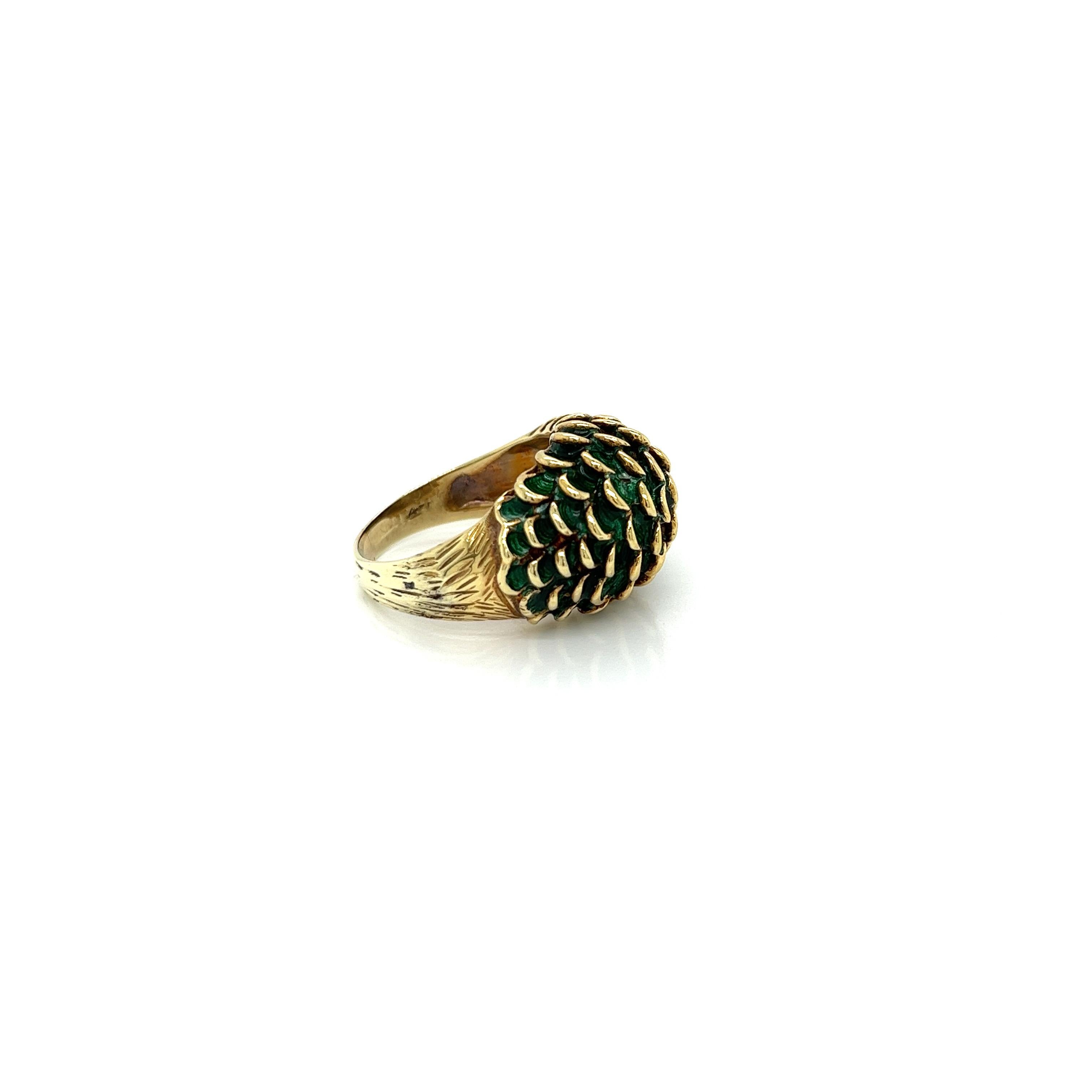 Vintage 1960's 14k Yellow Gold Green Enamel Dome Statement Ring In Good Condition For Sale In Boston, MA