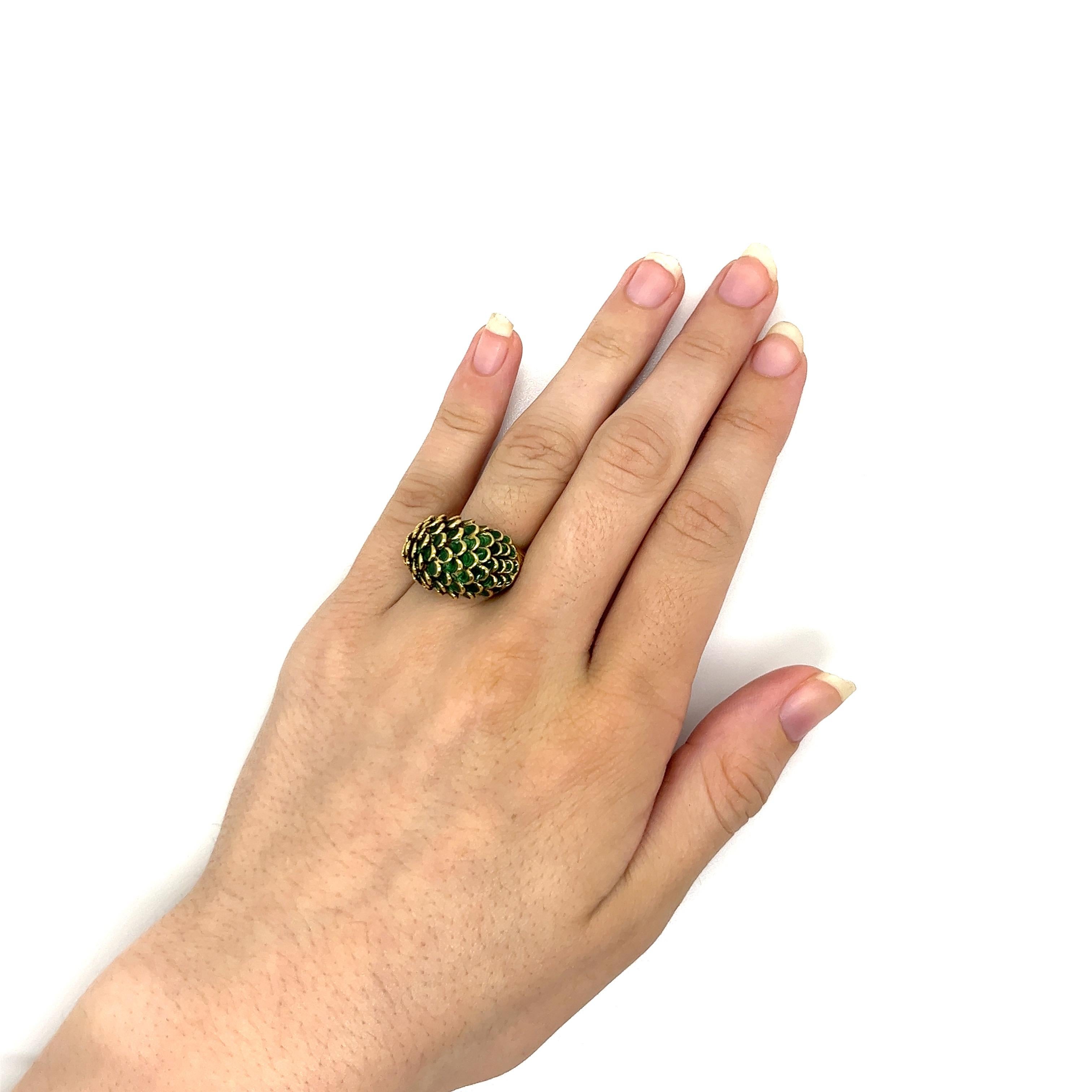 Vintage 1960's 14k Yellow Gold Green Enamel Dome Statement Ring For Sale 1