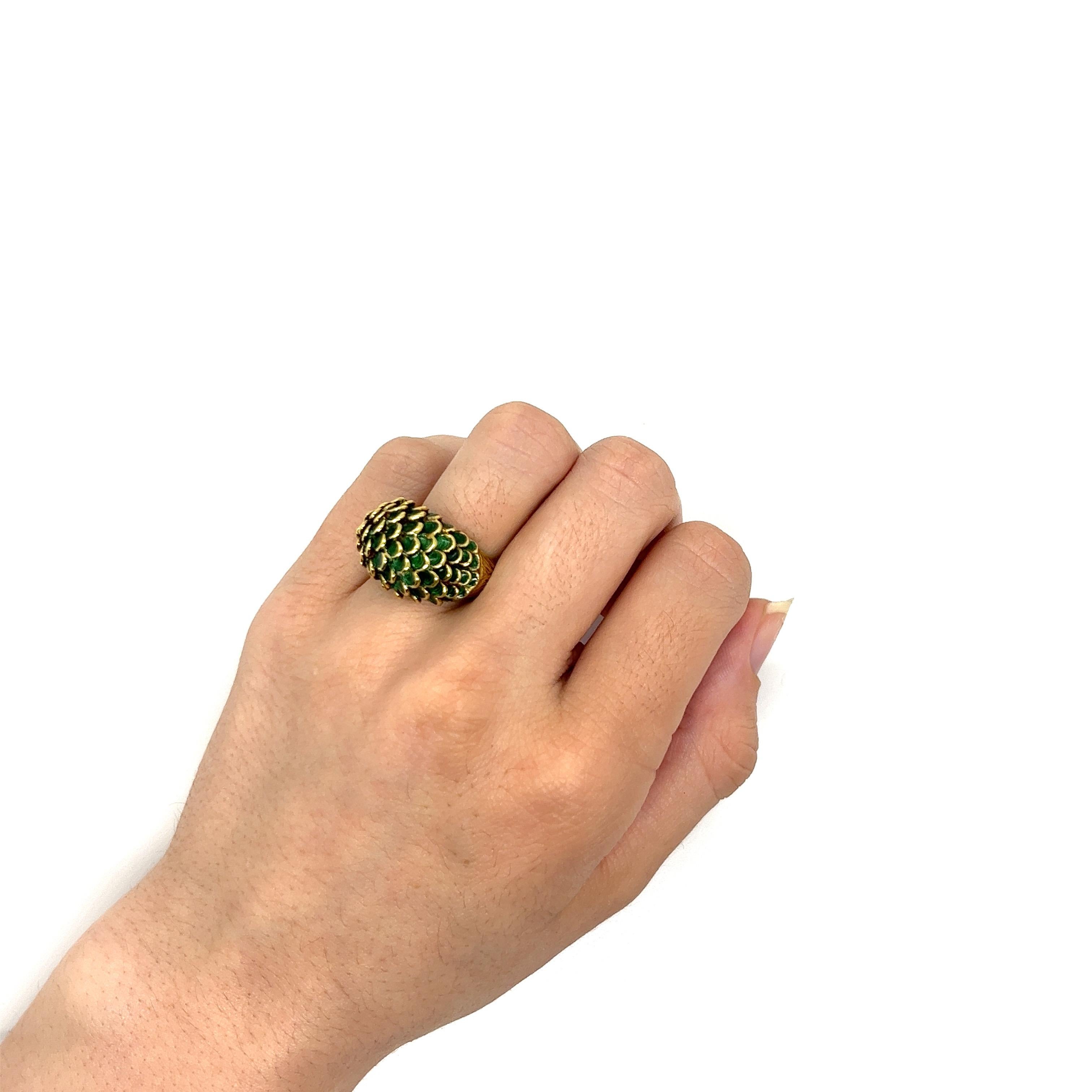 Vintage 1960's 14k Yellow Gold Green Enamel Dome Statement Ring For Sale 2