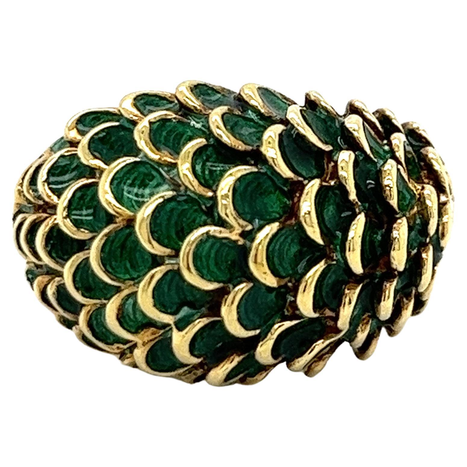 Vintage 1960's 14k Yellow Gold Green Enamel Dome Statement Ring For Sale