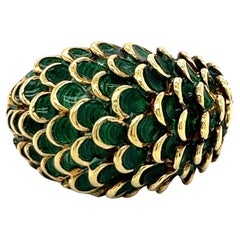 Vintage 1960's 14k Yellow Gold Green Enamel Dome Statement Ring