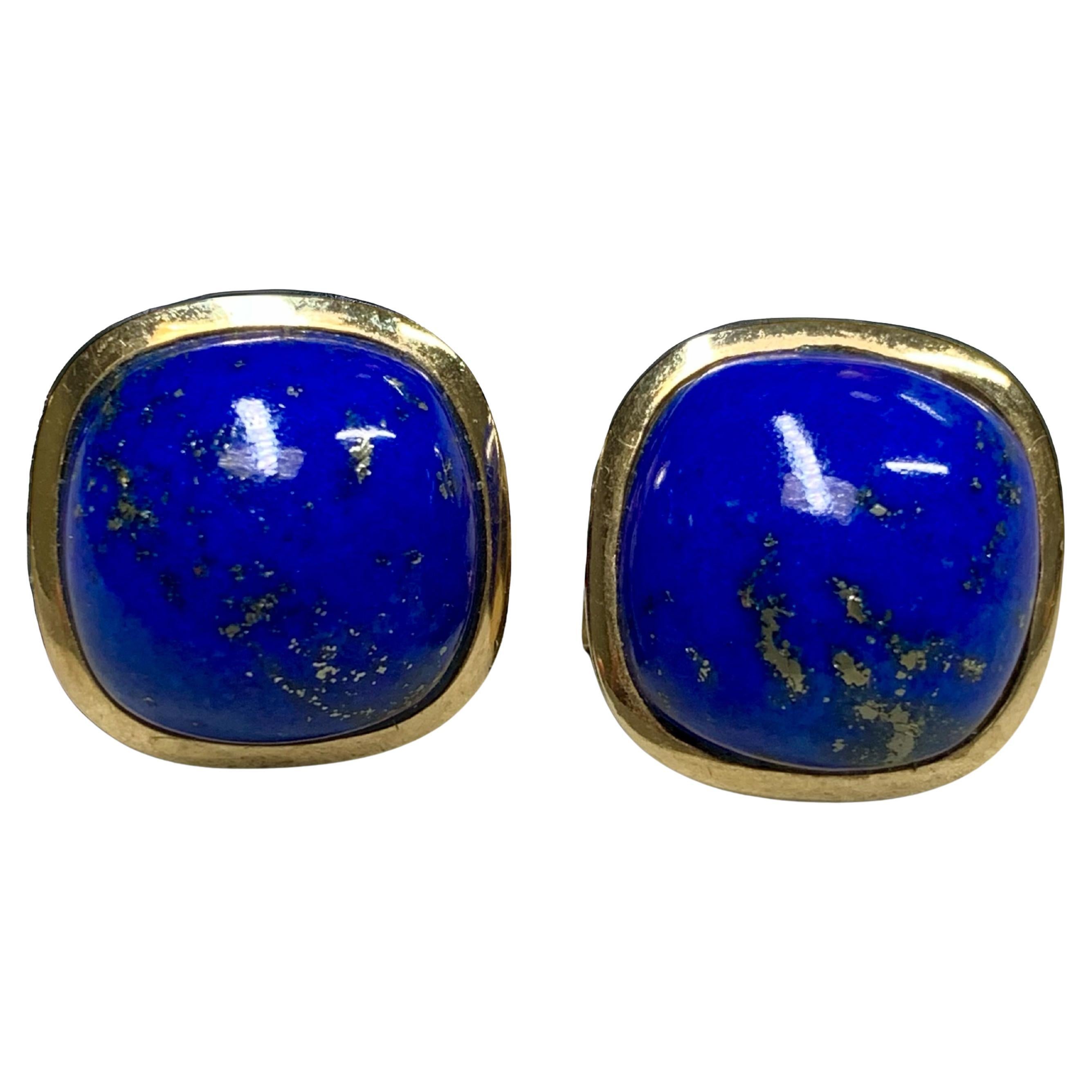 Vintage 1960s 14K Yellow Gold Lapis Cabochon Cushion Omega Back Huggie Earrings