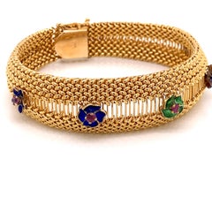 Vintage 1960s 14 Karat Yellow Gold Mesh Bracelet with Enamel Flowers and Rubies